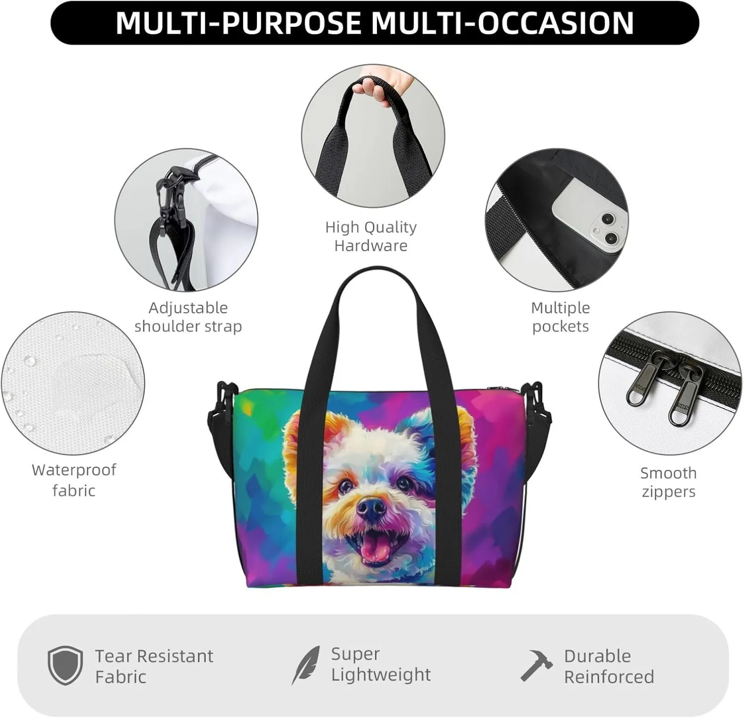 bichon frise dog colorful print Travel Duffel Bag, Sports Tote Gym Bag, Swim Pool Bag Large Shoulder Tote Bag for Beach Weekender
