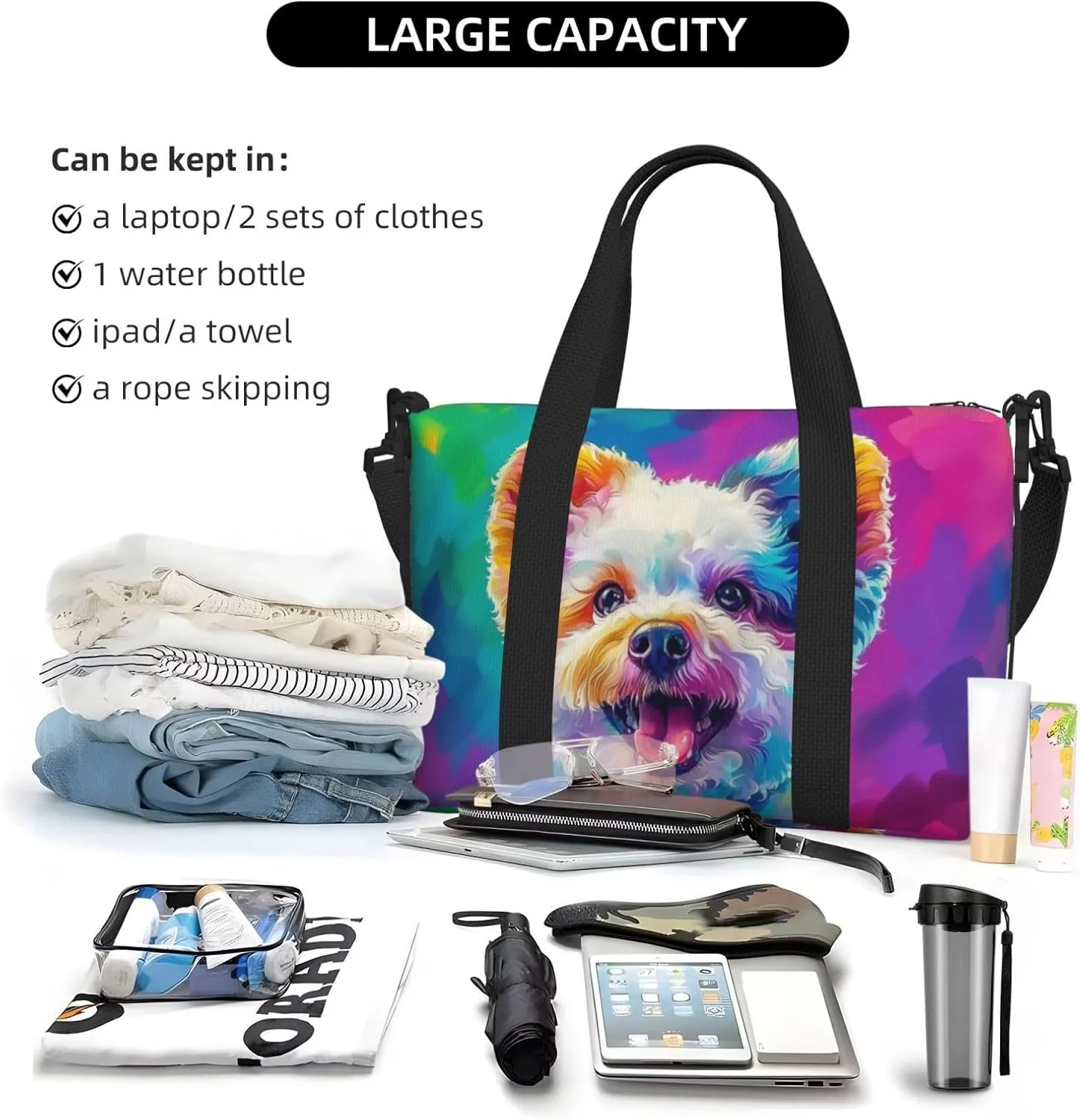 bichon frise dog colorful print Travel Duffel Bag, Sports Tote Gym Bag, Swim Pool Bag Large Shoulder Tote Bag for Beach Weekender