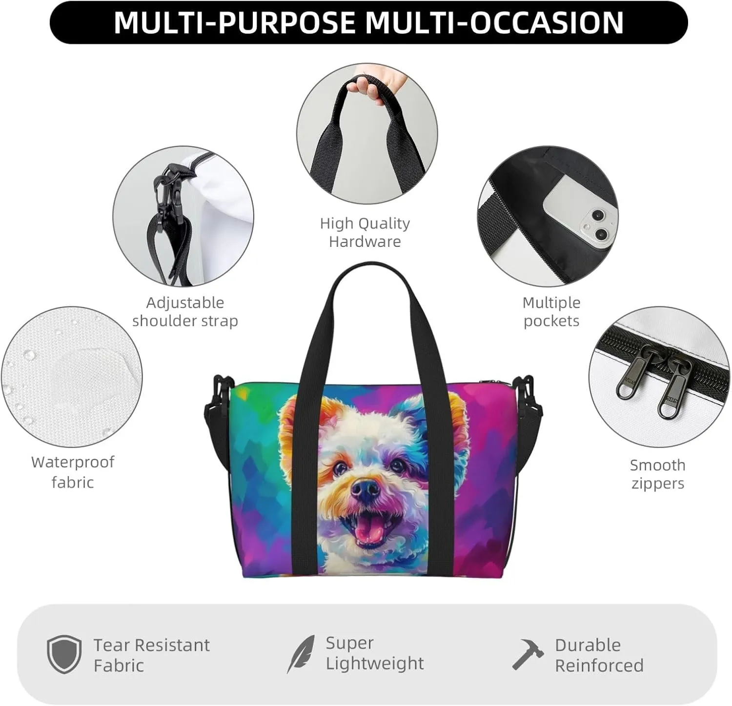 bichon frise dog colorful print Travel Duffel Bag, Sports Tote Gym Bag, Swim Pool Bag Large Shoulder Tote Bag for Beach Weekender