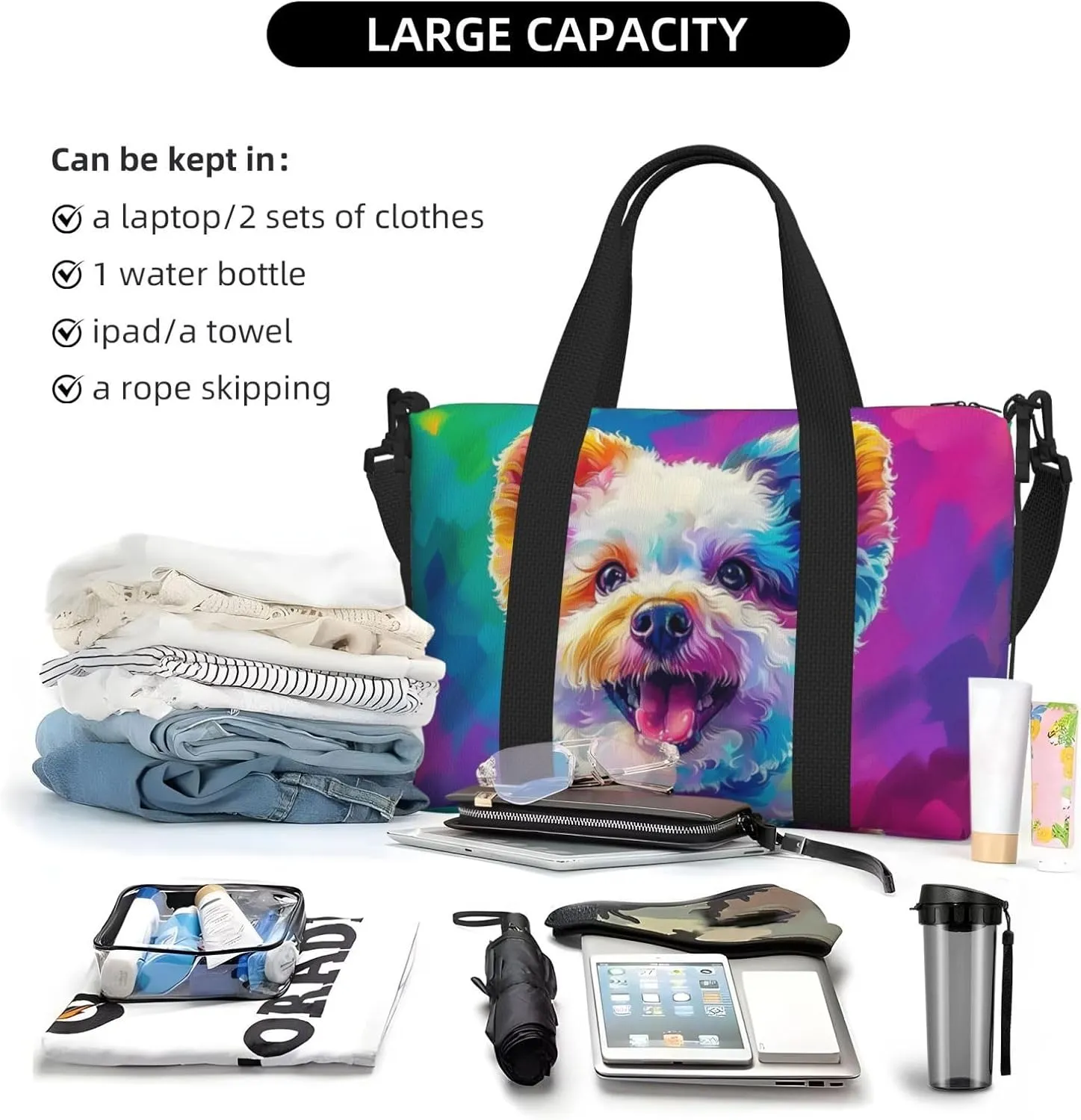 bichon frise dog colorful print Travel Duffel Bag, Sports Tote Gym Bag, Swim Pool Bag Large Shoulder Tote Bag for Beach Weekender