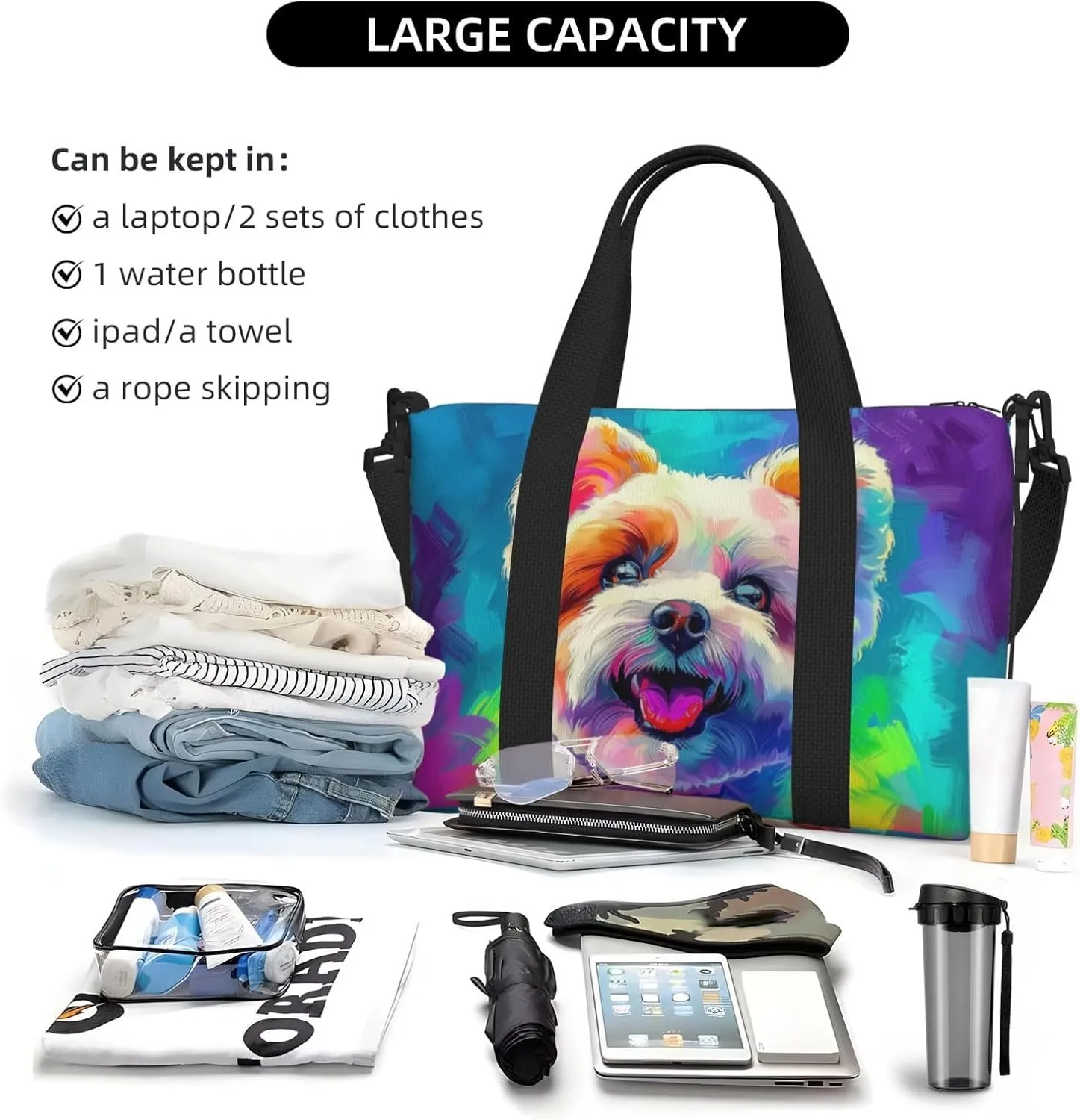 bichon frise dog print Travel Duffel Bag, Sports Tote Gym Bag, Swim Pool Bag Large Shoulder Tote Bag for Beach Weekender
