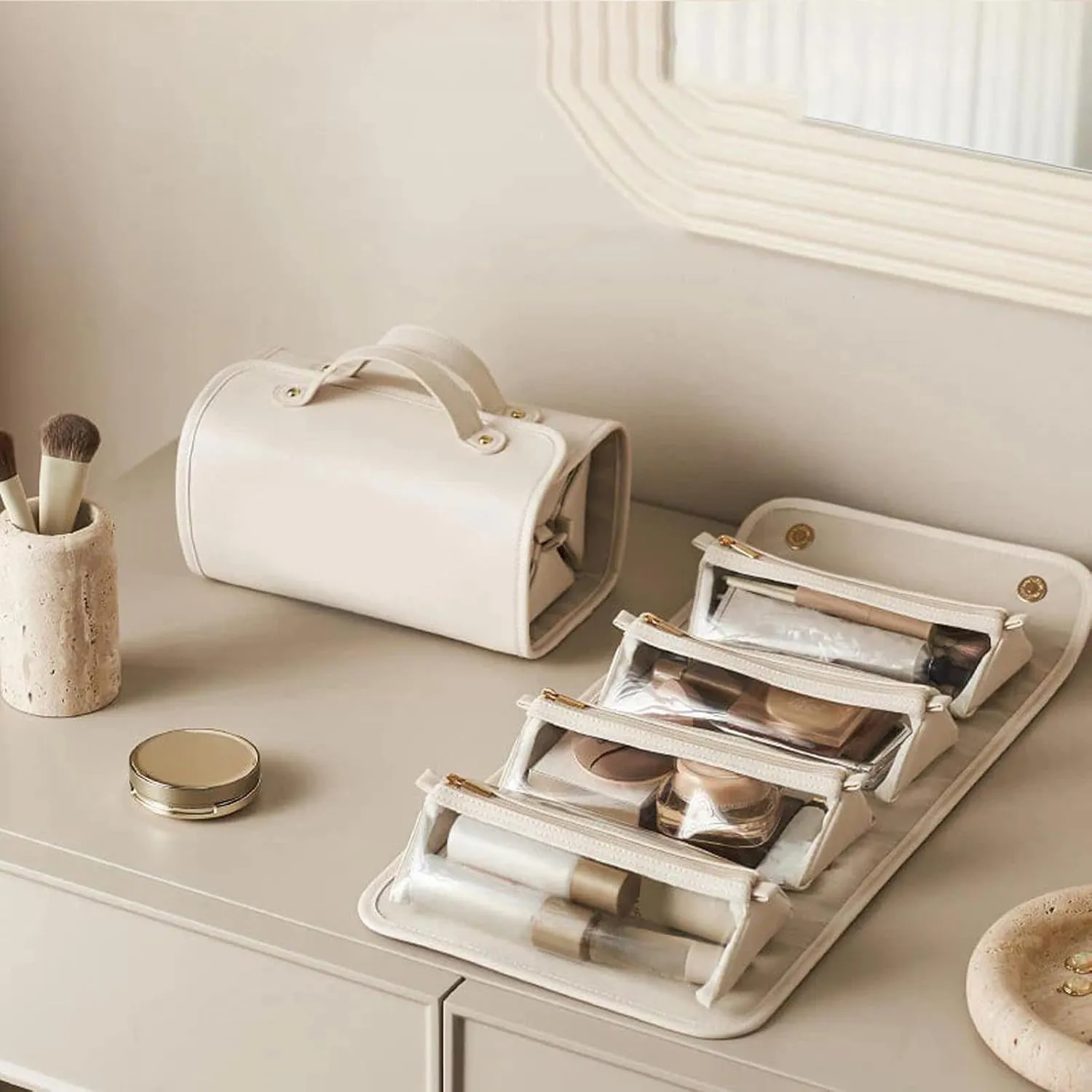 Binozinco Cosmetic Bag, Basic-Chic Makeup Bagwith Clear Divider and Handle, Leather Waterproof Cosmetic Bag, Player Travel Cosmetic Bag, Portable Hanging PU Leather Makeup with Compartment (2*A)