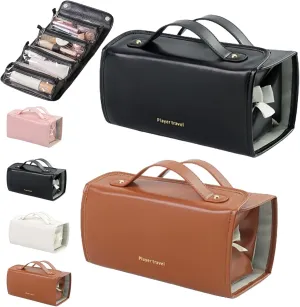 Binozinco Cosmetic Bag, Basic-Chic Makeup Bagwith Clear Divider and Handle, Leather Waterproof Cosmetic Bag, Player Travel Cosmetic Bag, Portable Hanging PU Leather Makeup with Compartment (2*A)