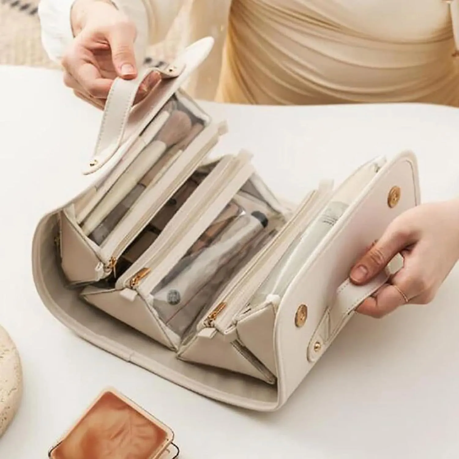 Binozinco Cosmetic Bag, Basic-Chic Makeup Bagwith Clear Divider and Handle, Leather Waterproof Cosmetic Bag, Player Travel Cosmetic Bag, Portable Hanging PU Leather Makeup with Compartment (2*A)