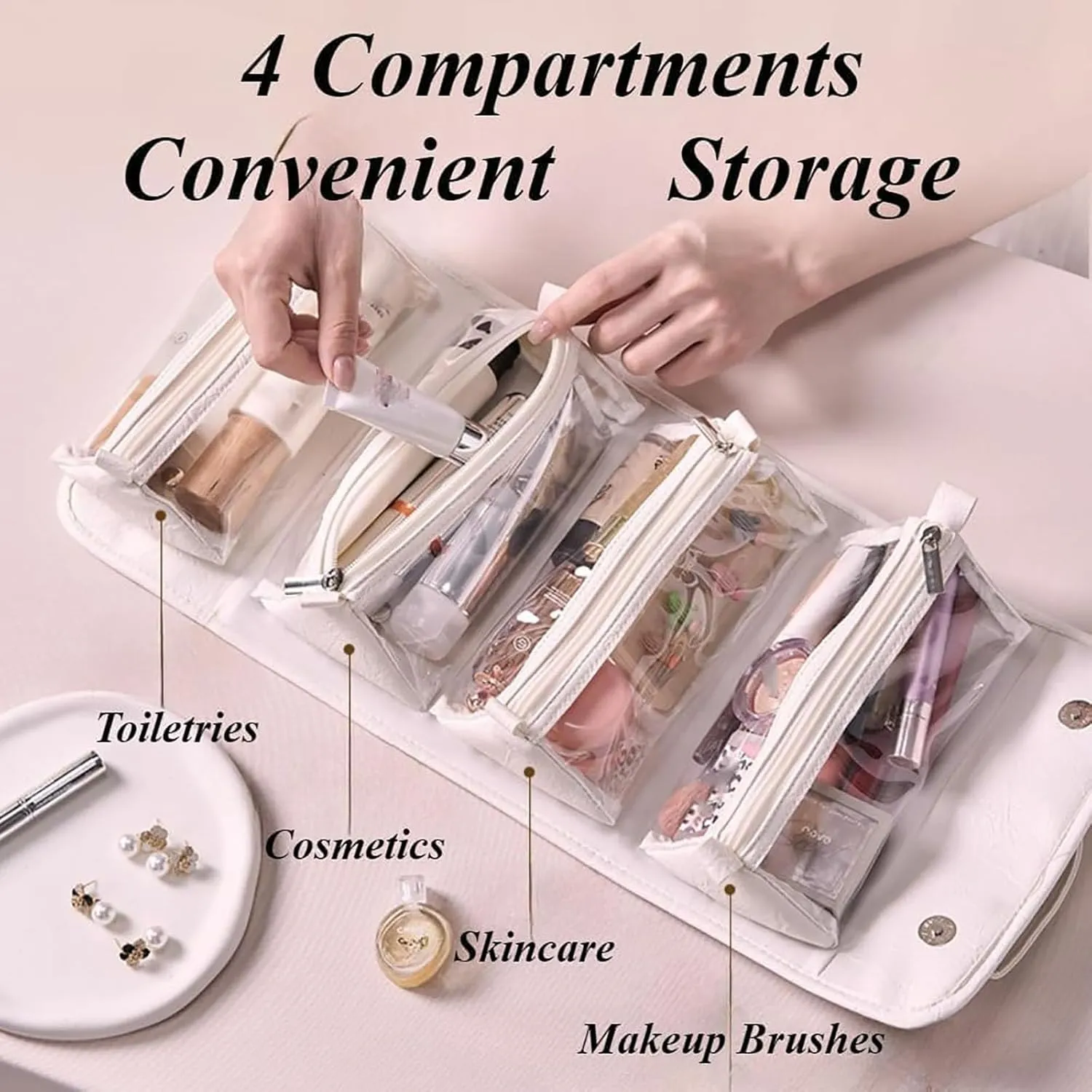 Binozinco Cosmetic Bag, Basic-Chic Makeup Bagwith Clear Divider and Handle, Leather Waterproof Cosmetic Bag, Player Travel Cosmetic Bag, Portable Hanging PU Leather Makeup with Compartment (2*A)