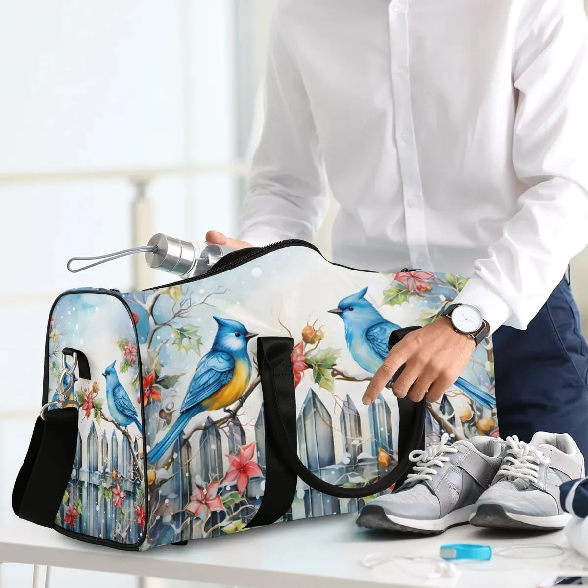 Bird Blue Travel Duffel Bag for Women Men Waterproof Foldable Overnight Weekender Bag Large Capacity Sports Gym Bag