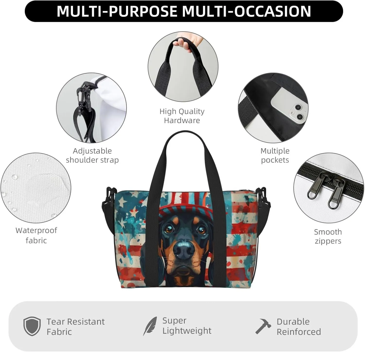 Black and Tan Coonhound print Travel Duffel Bag, Sports Tote Gym Bag, Swim Pool Bag Large Shoulder Tote Bag for Beach Weekender