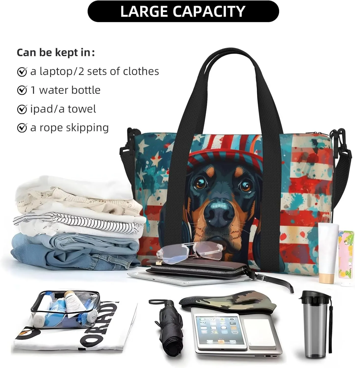 Black and Tan Coonhound print Travel Duffel Bag, Sports Tote Gym Bag, Swim Pool Bag Large Shoulder Tote Bag for Beach Weekender