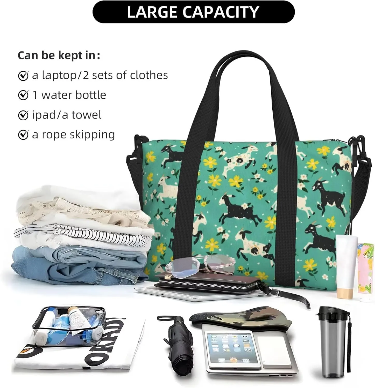black and white goats print Travel Duffel Bag, Sports Tote Gym Bag, Swim Pool Bag Large Shoulder Tote Bag for Beach Weekender, 202-406-121