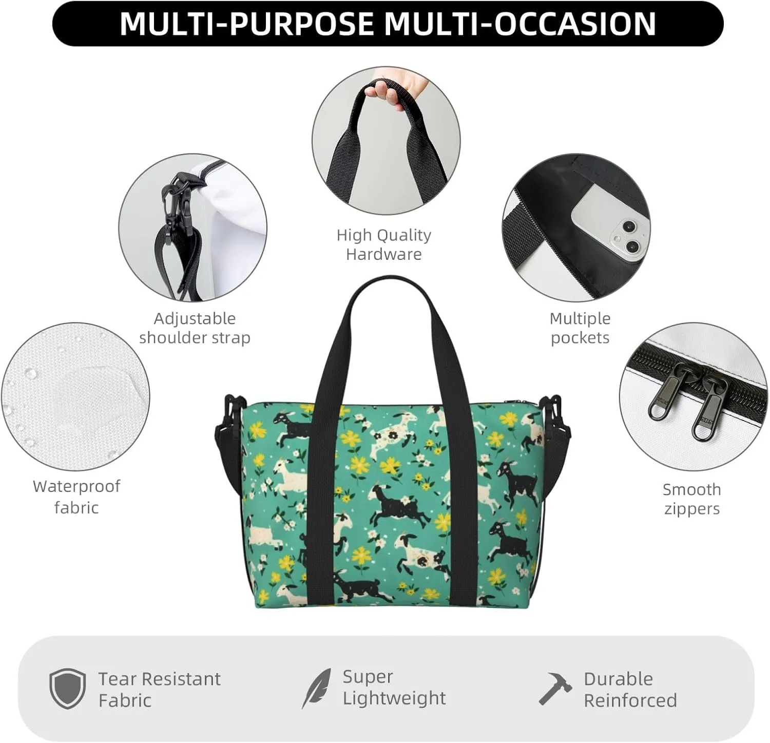 black and white goats print Travel Duffel Bag, Sports Tote Gym Bag, Swim Pool Bag Large Shoulder Tote Bag for Beach Weekender, 202-406-121