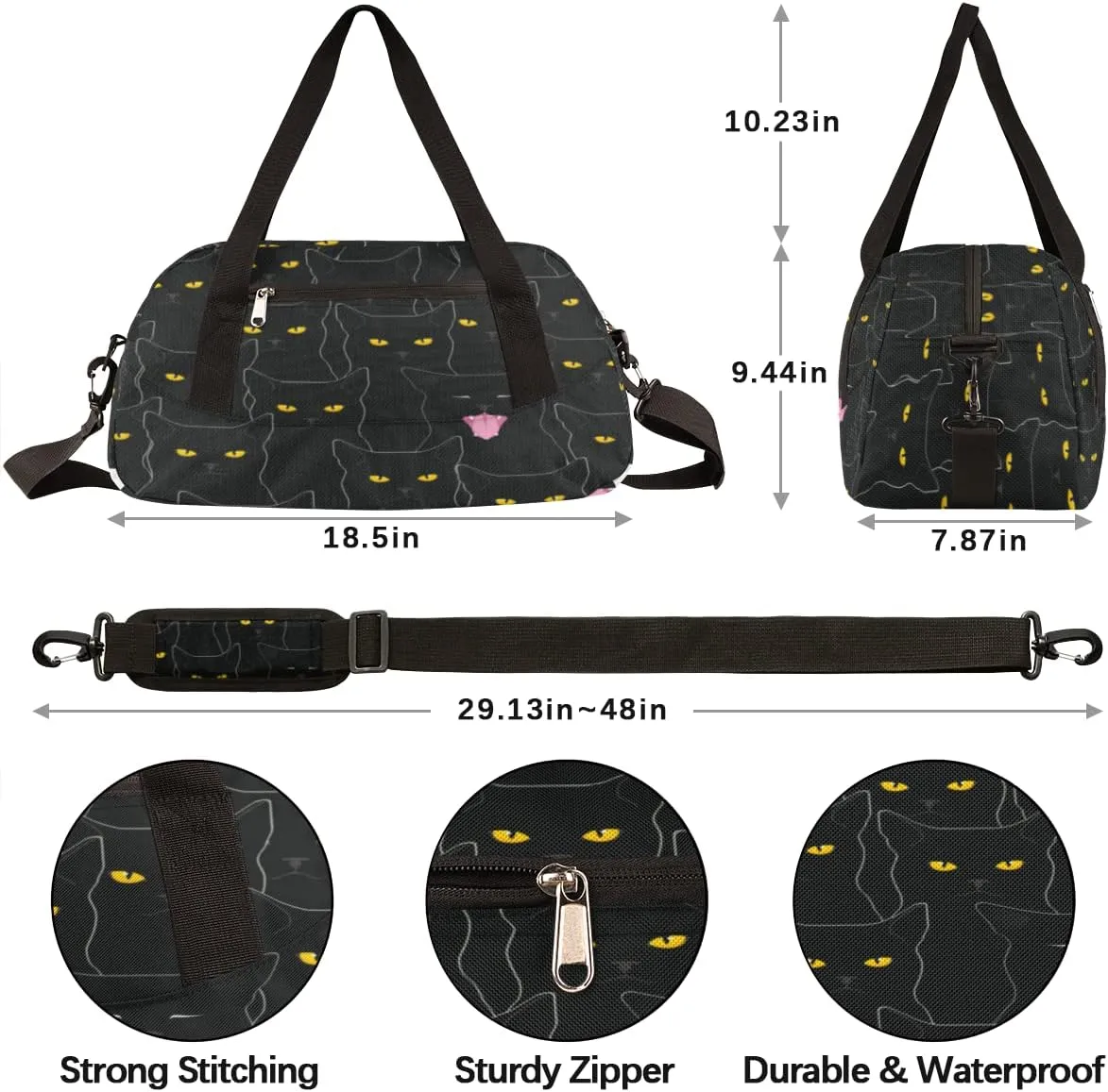 Black Cat Animal Pattern Gym Bag - Small Travel Duffel for Sports, Overnight, Lightweight Weekender, Workout, Dance Bag for Boys, Girls, Kids, Teens