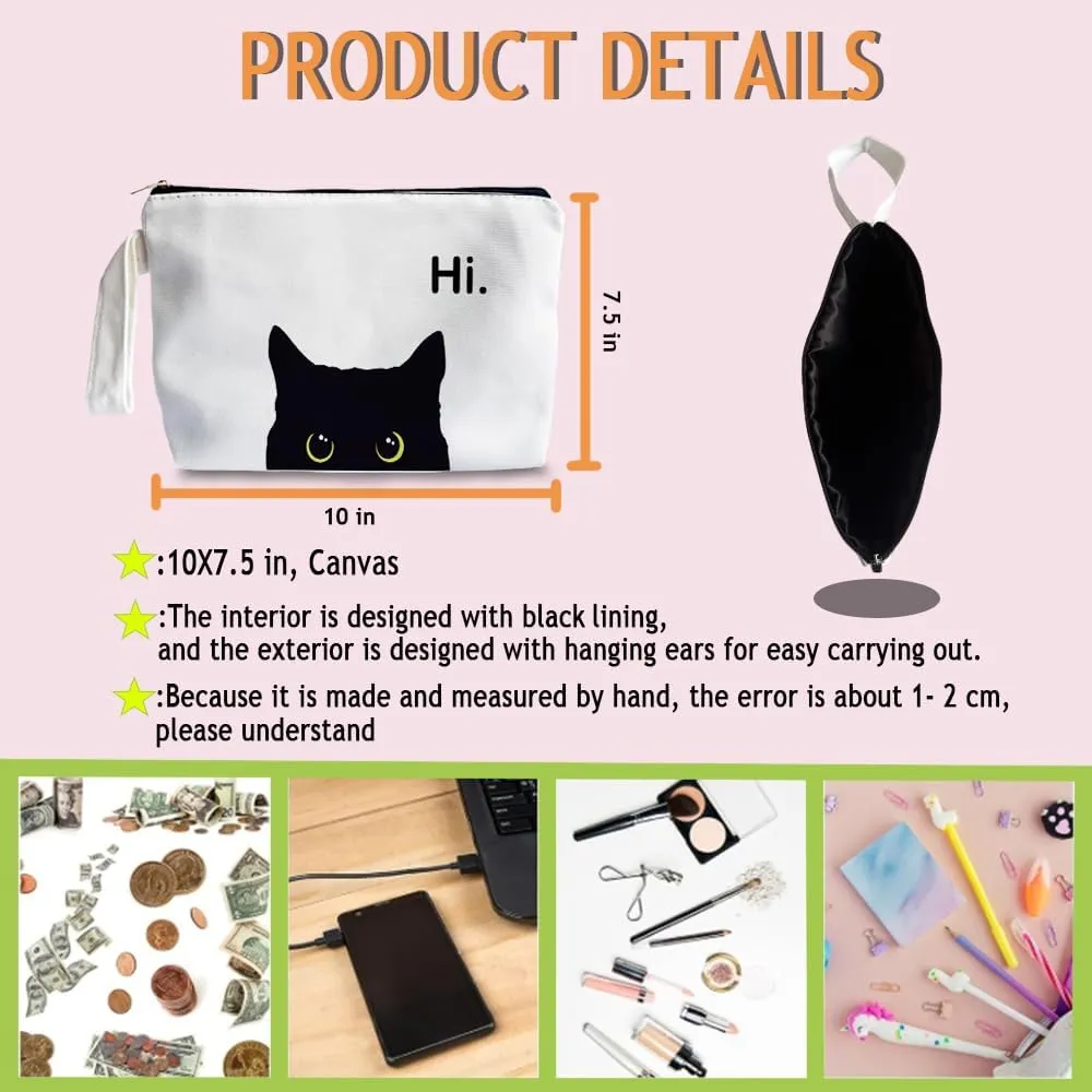 Black Cat Makeup Bag - Preppy Canvas Makeup Bag, Black Cat Themed Lover Gifts for Girls Women Mom, Cosmetic Travel Bags for Women