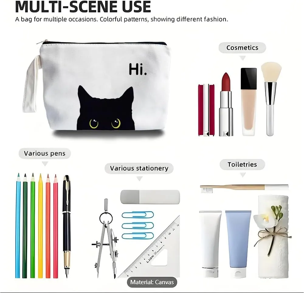 Black Cat Makeup Bag - Preppy Canvas Makeup Bag, Black Cat Themed Lover Gifts for Girls Women Mom, Cosmetic Travel Bags for Women