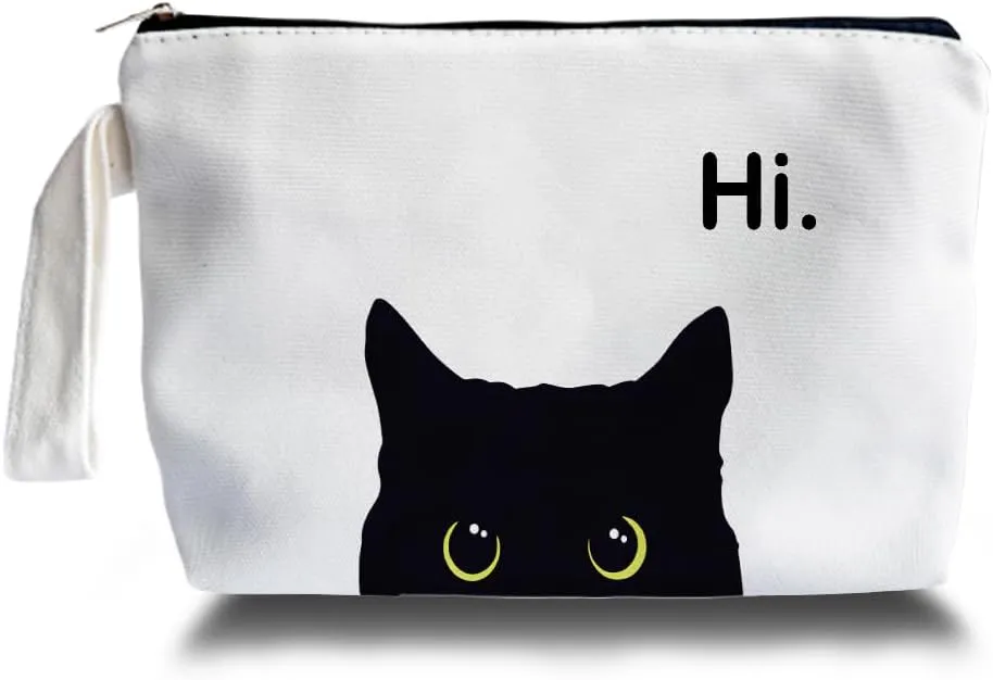 Black Cat Makeup Bag - Preppy Canvas Makeup Bag, Black Cat Themed Lover Gifts for Girls Women Mom, Cosmetic Travel Bags for Women