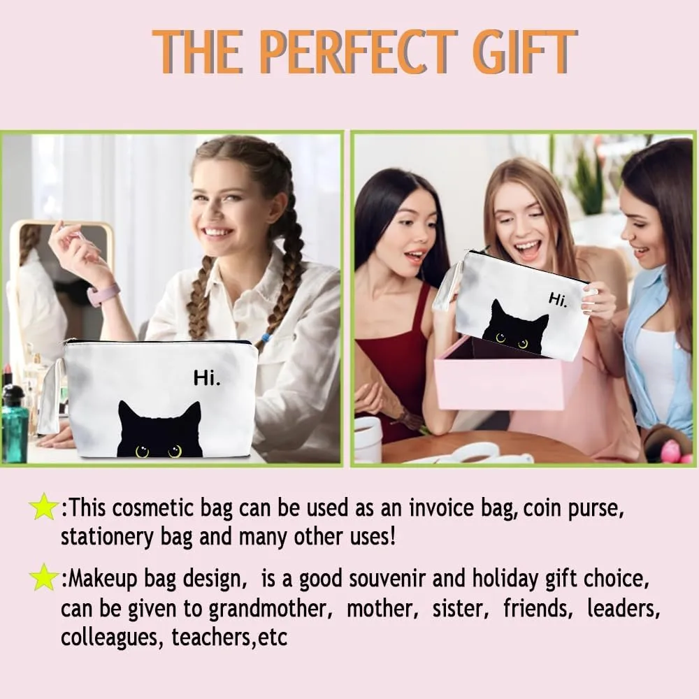 Black Cat Makeup Bag - Preppy Canvas Makeup Bag, Black Cat Themed Lover Gifts for Girls Women Mom, Cosmetic Travel Bags for Women