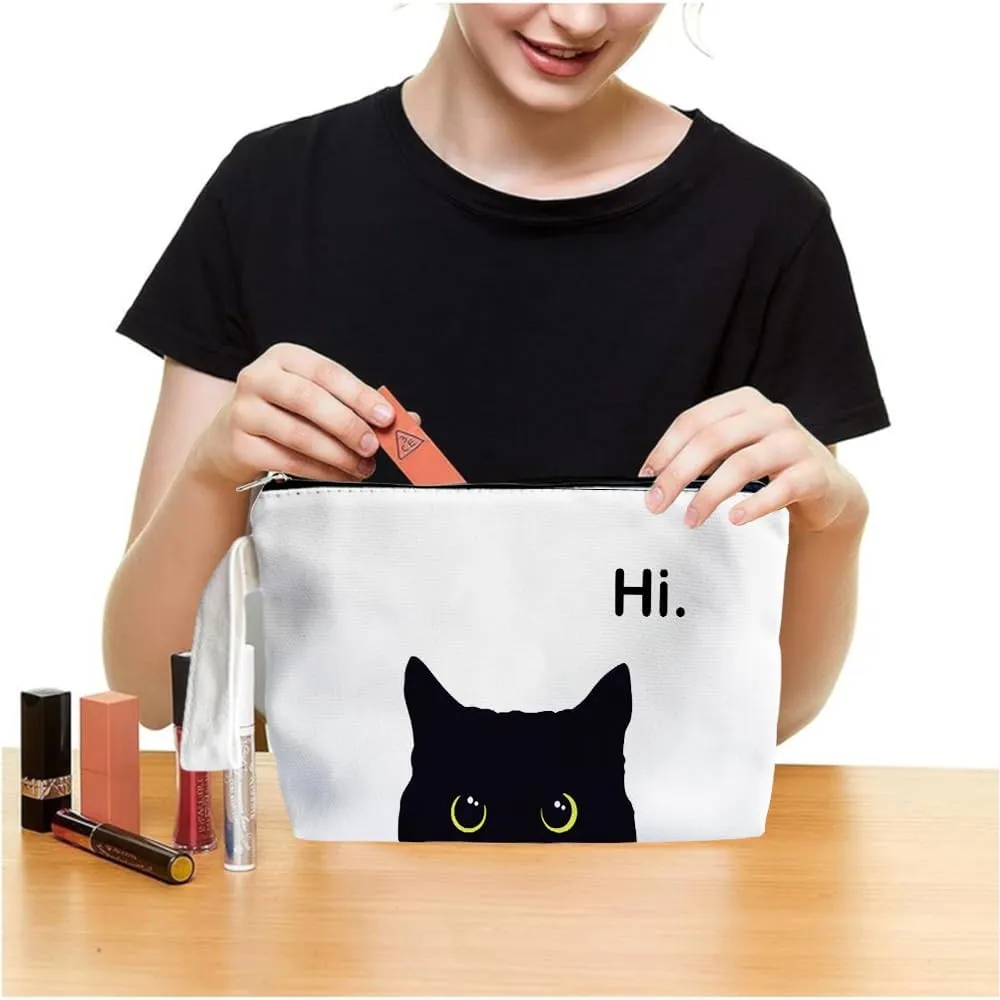 Black Cat Makeup Bag - Preppy Canvas Makeup Bag, Black Cat Themed Lover Gifts for Girls Women Mom, Cosmetic Travel Bags for Women