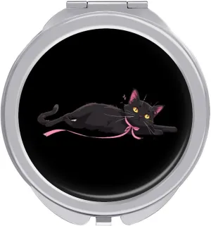 Black Cat Ribbon Cute Travel Makeup Mirror 2-Sided Folding Handheld Mirror Portable for Handbag Purse Pocket