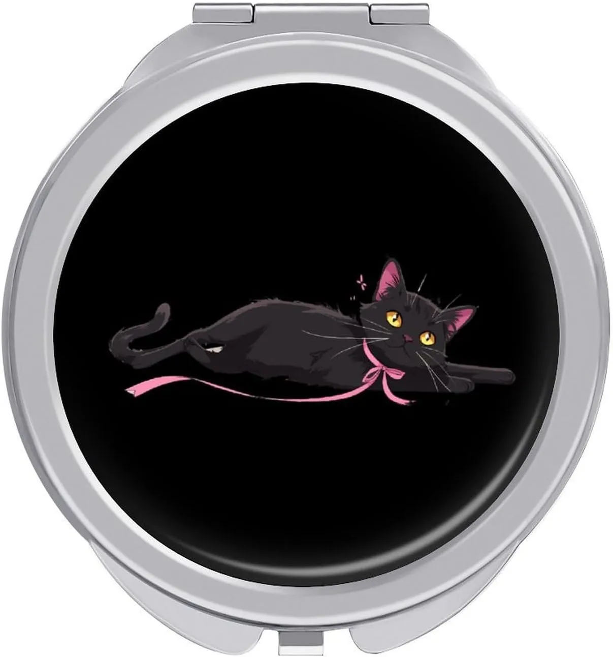 Black Cat Ribbon Cute Travel Makeup Mirror 2-Sided Folding Handheld Mirror Portable for Handbag Purse Pocket