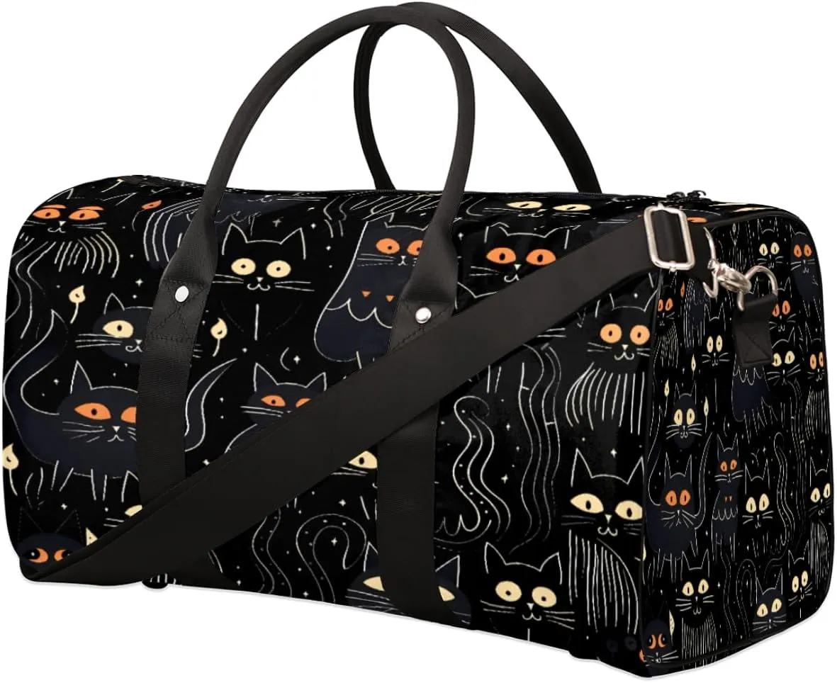 Black Cats Travel Duffel Bag, Cute Kitten Sports Gym Bag, Foldable Weekender Overnight Tote Bag Carry on Luggage Handbag for Yoga Workout