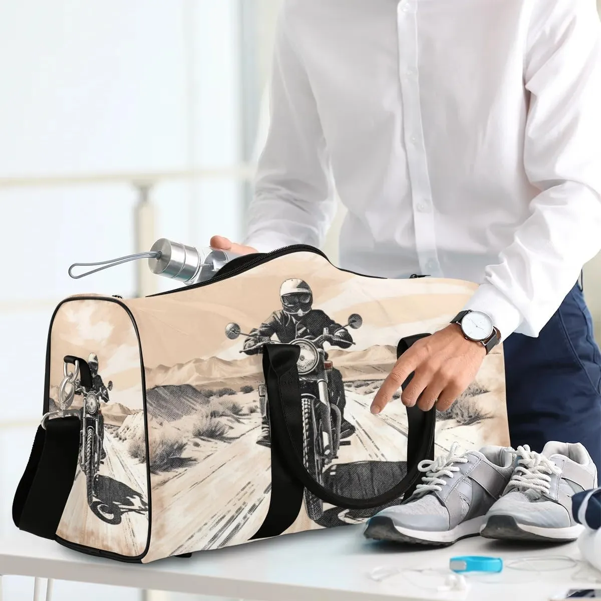 Black Cool Motorcycle Travel Duffel Bag for Women Men Waterproof Foldable Overnight Weekender Bag Large Capacity Sports Gym Bag