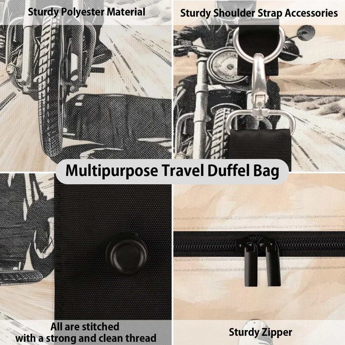 Black Cool Motorcycle Travel Duffel Bag for Women Men Waterproof Foldable Overnight Weekender Bag Large Capacity Sports Gym Bag