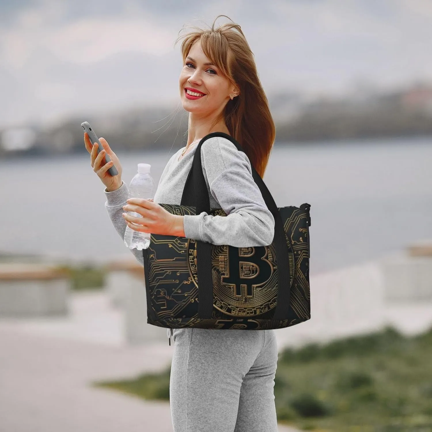 Black gold circuit board bitcoin print Travel Duffel Bag, Sports Tote Gym Bag, Swim Pool Bag Large Shoulder Tote Bag for Beach Weekender, 202-406-121