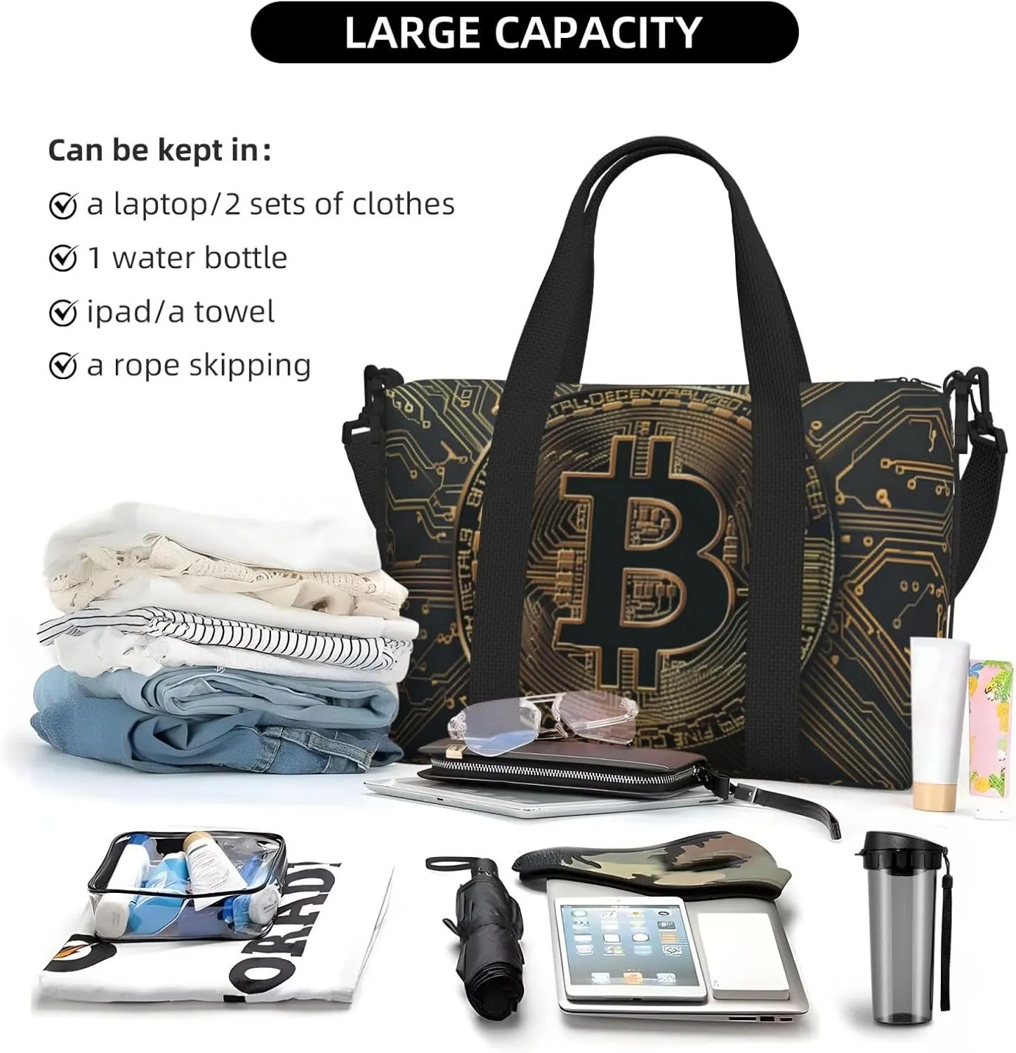 Black gold circuit board bitcoin print Travel Duffel Bag, Sports Tote Gym Bag, Swim Pool Bag Large Shoulder Tote Bag for Beach Weekender, 202-406-121