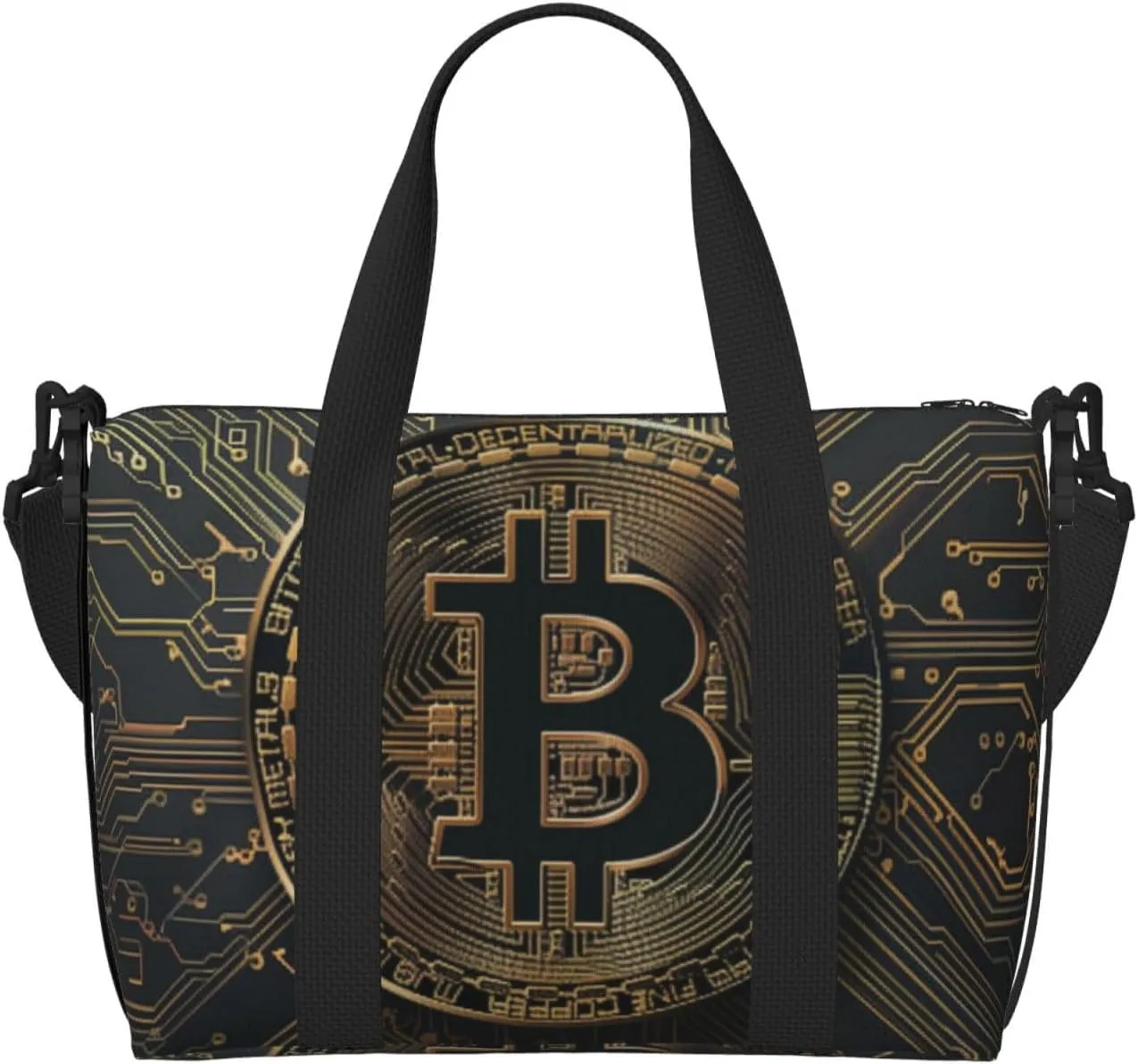 Black gold circuit board bitcoin print Travel Duffel Bag, Sports Tote Gym Bag, Swim Pool Bag Large Shoulder Tote Bag for Beach Weekender, 202-406-121