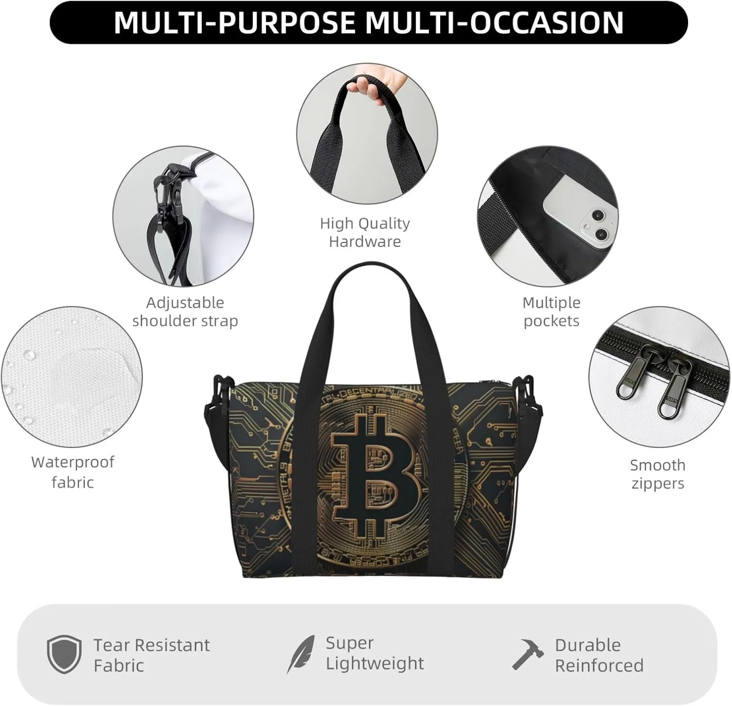 Black gold circuit board bitcoin print Travel Duffel Bag, Sports Tote Gym Bag, Swim Pool Bag Large Shoulder Tote Bag for Beach Weekender, 202-406-121