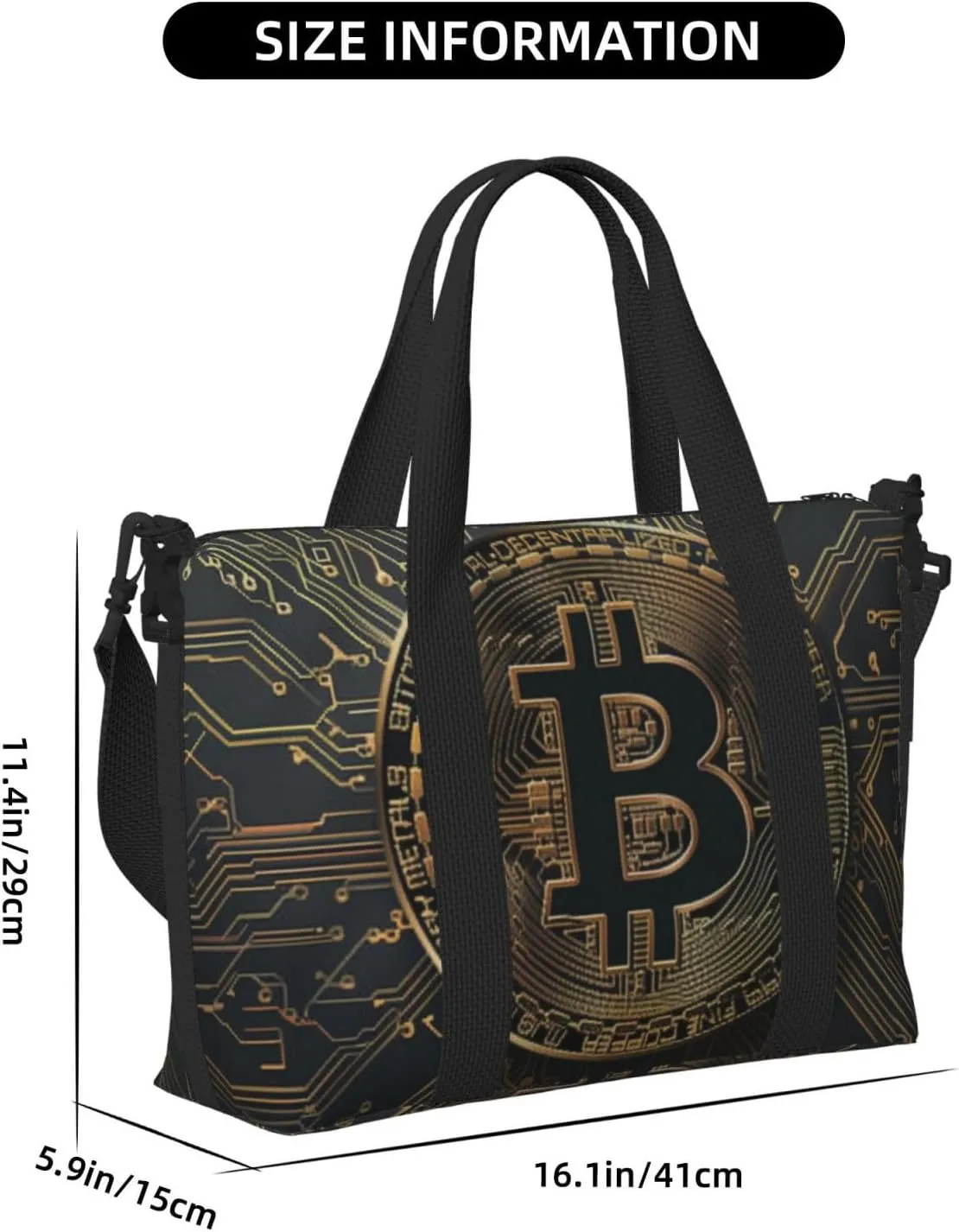Black gold circuit board bitcoin print Travel Duffel Bag, Sports Tote Gym Bag, Swim Pool Bag Large Shoulder Tote Bag for Beach Weekender, 202-406-121