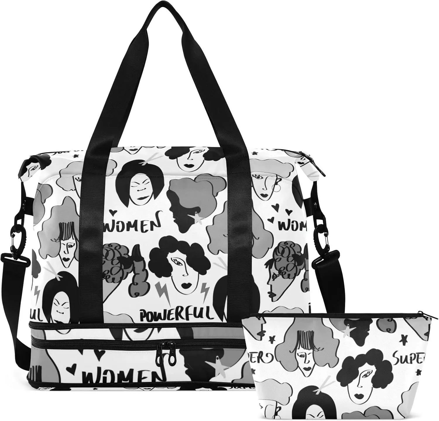 Black Grey Hand Drawn Mixed Nations Woman Faces Doodle Sketch Gym Duffel Bag, Polyester Travel Weekender Luggage Handbag with Waterproof Pocket for Wet Items, Unisex Foldable Tote for Sports
