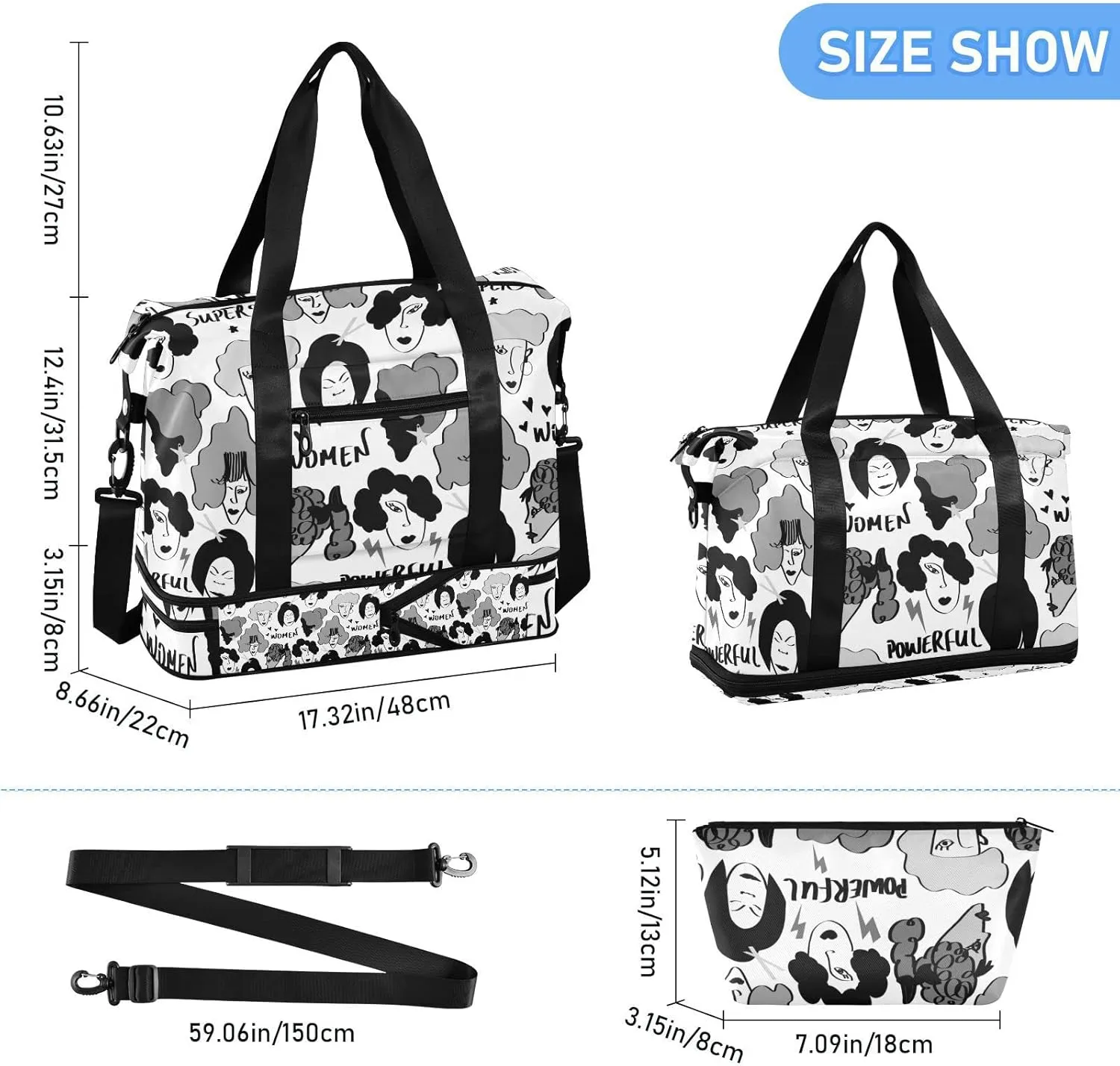 Black Grey Hand Drawn Mixed Nations Woman Faces Doodle Sketch Gym Duffel Bag, Polyester Travel Weekender Luggage Handbag with Waterproof Pocket for Wet Items, Unisex Foldable Tote for Sports