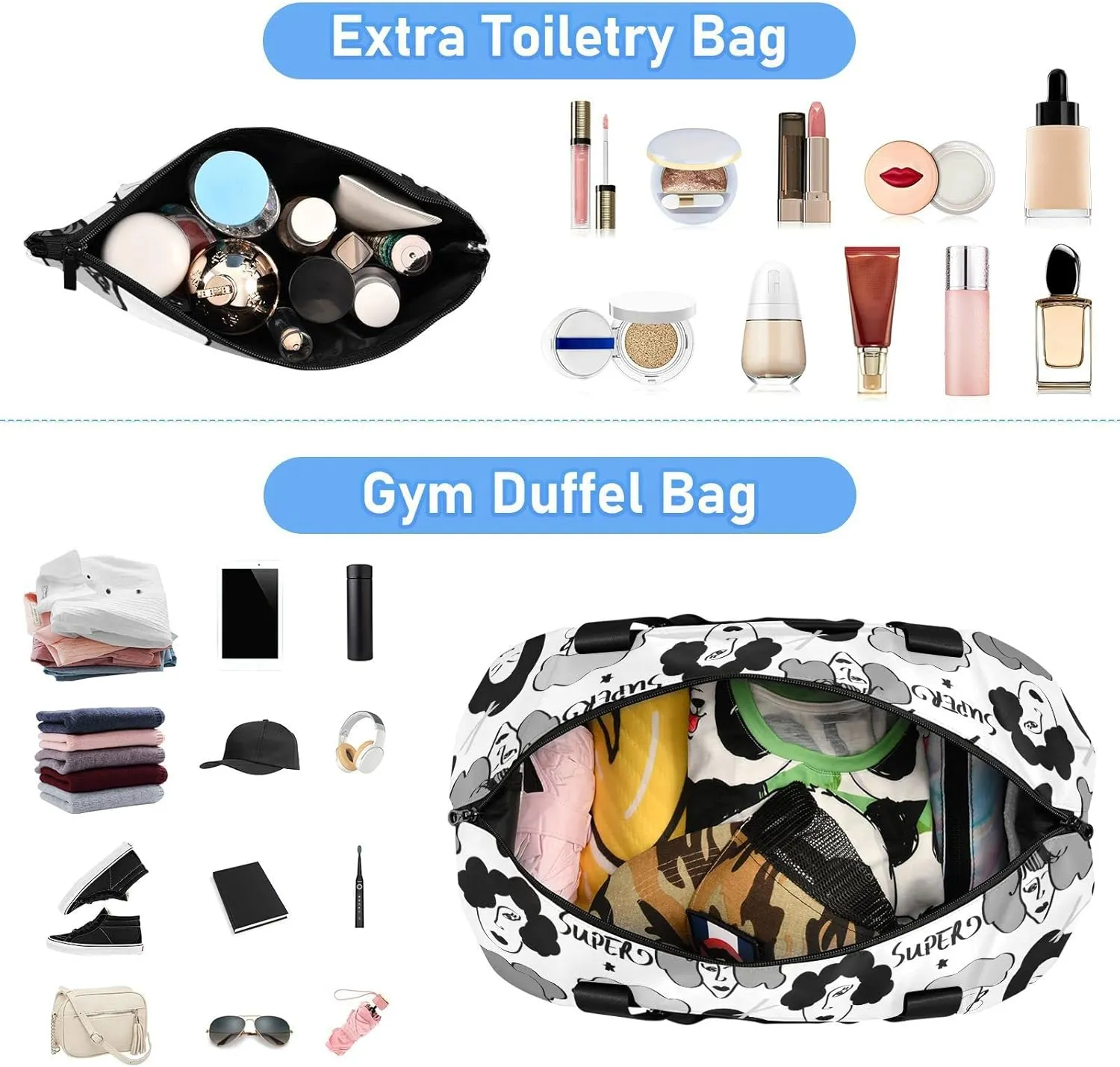 Black Grey Hand Drawn Mixed Nations Woman Faces Doodle Sketch Gym Duffel Bag, Polyester Travel Weekender Luggage Handbag with Waterproof Pocket for Wet Items, Unisex Foldable Tote for Sports