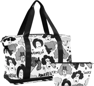 Black Grey Hand Drawn Mixed Nations Woman Faces Doodle Sketch Gym Duffel Bag, Polyester Travel Weekender Luggage Handbag with Waterproof Pocket for Wet Items, Unisex Foldable Tote for Sports