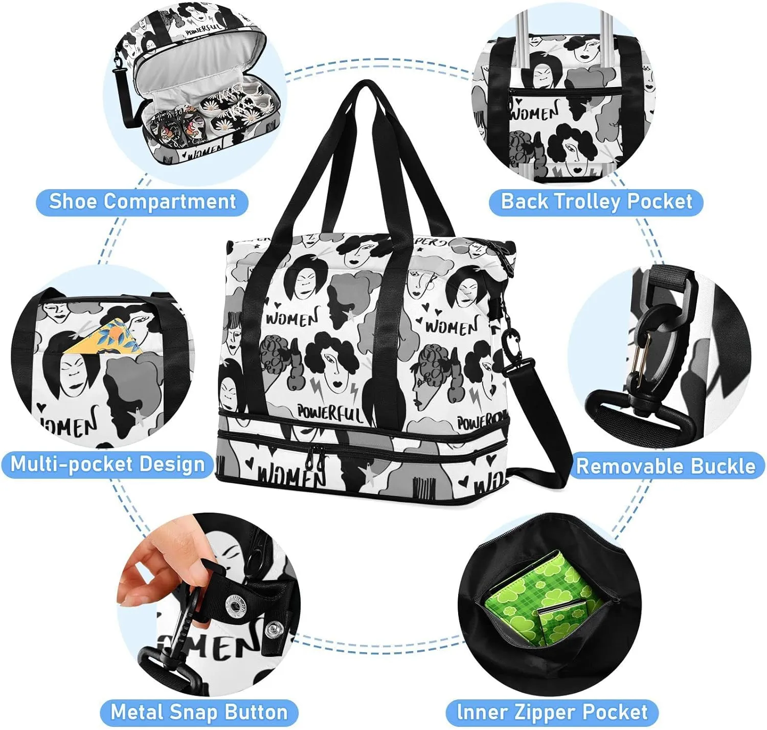Black Grey Hand Drawn Mixed Nations Woman Faces Doodle Sketch Gym Duffel Bag, Polyester Travel Weekender Luggage Handbag with Waterproof Pocket for Wet Items, Unisex Foldable Tote for Sports