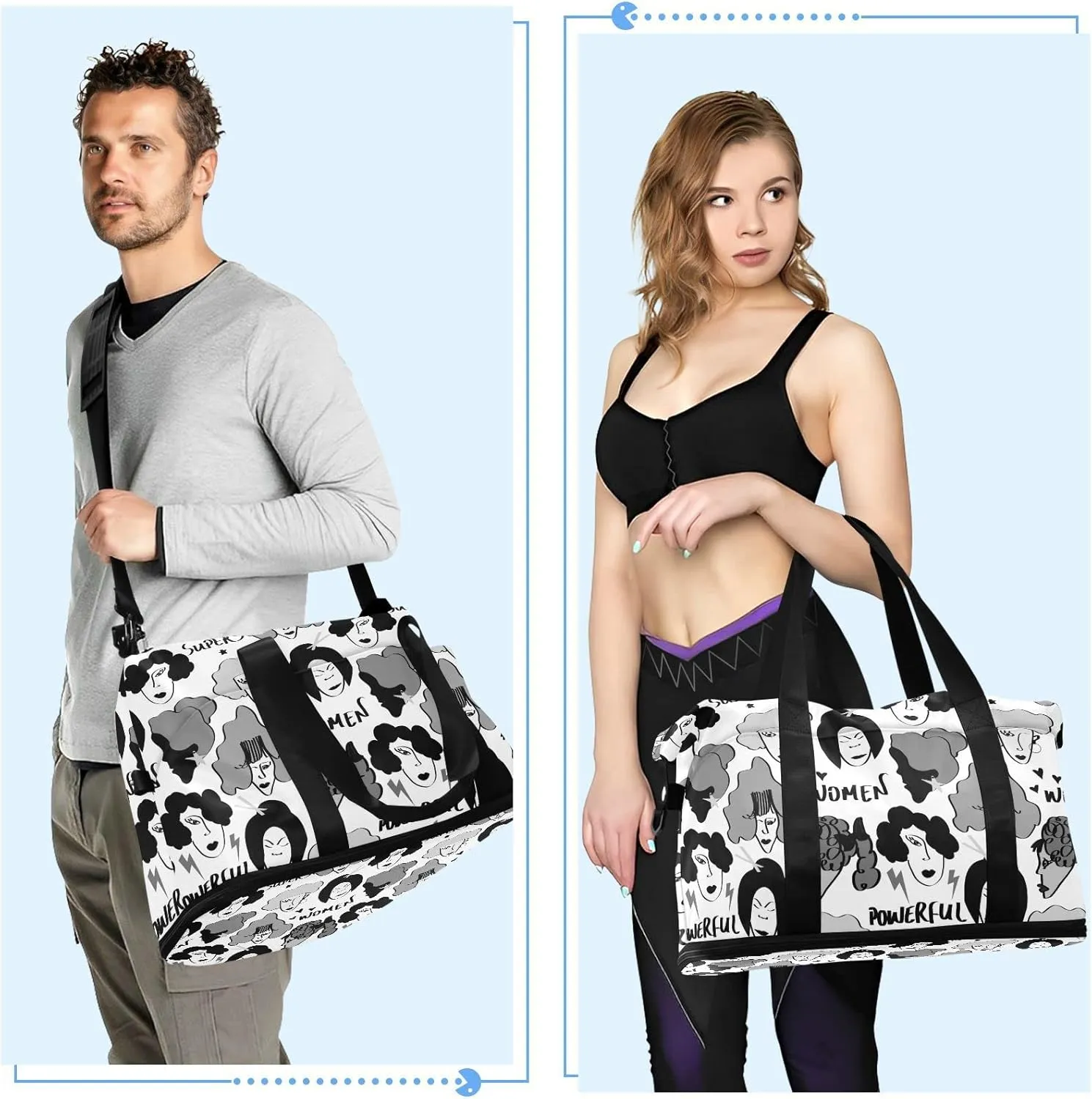 Black Grey Hand Drawn Mixed Nations Woman Faces Doodle Sketch Gym Duffel Bag, Polyester Travel Weekender Luggage Handbag with Waterproof Pocket for Wet Items, Unisex Foldable Tote for Sports