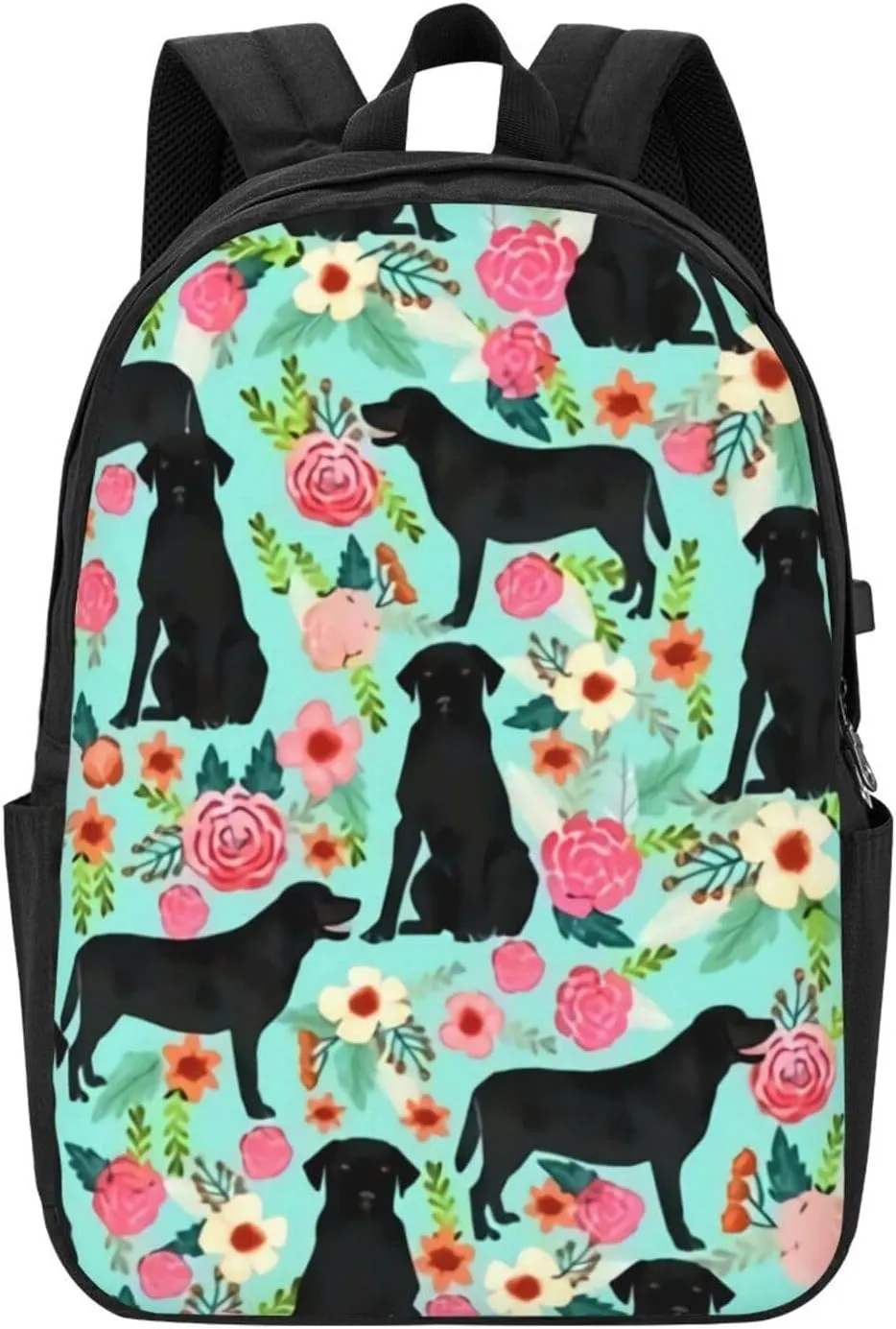 Black Lab Florals Labrador Retriever Floral Backpack, 17 Inch Travel Business Laptop Backpack With USB Port for Women Men