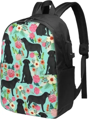 Black Lab Florals Labrador Retriever Floral Backpack, 17 Inch Travel Business Laptop Backpack With USB Port for Women Men