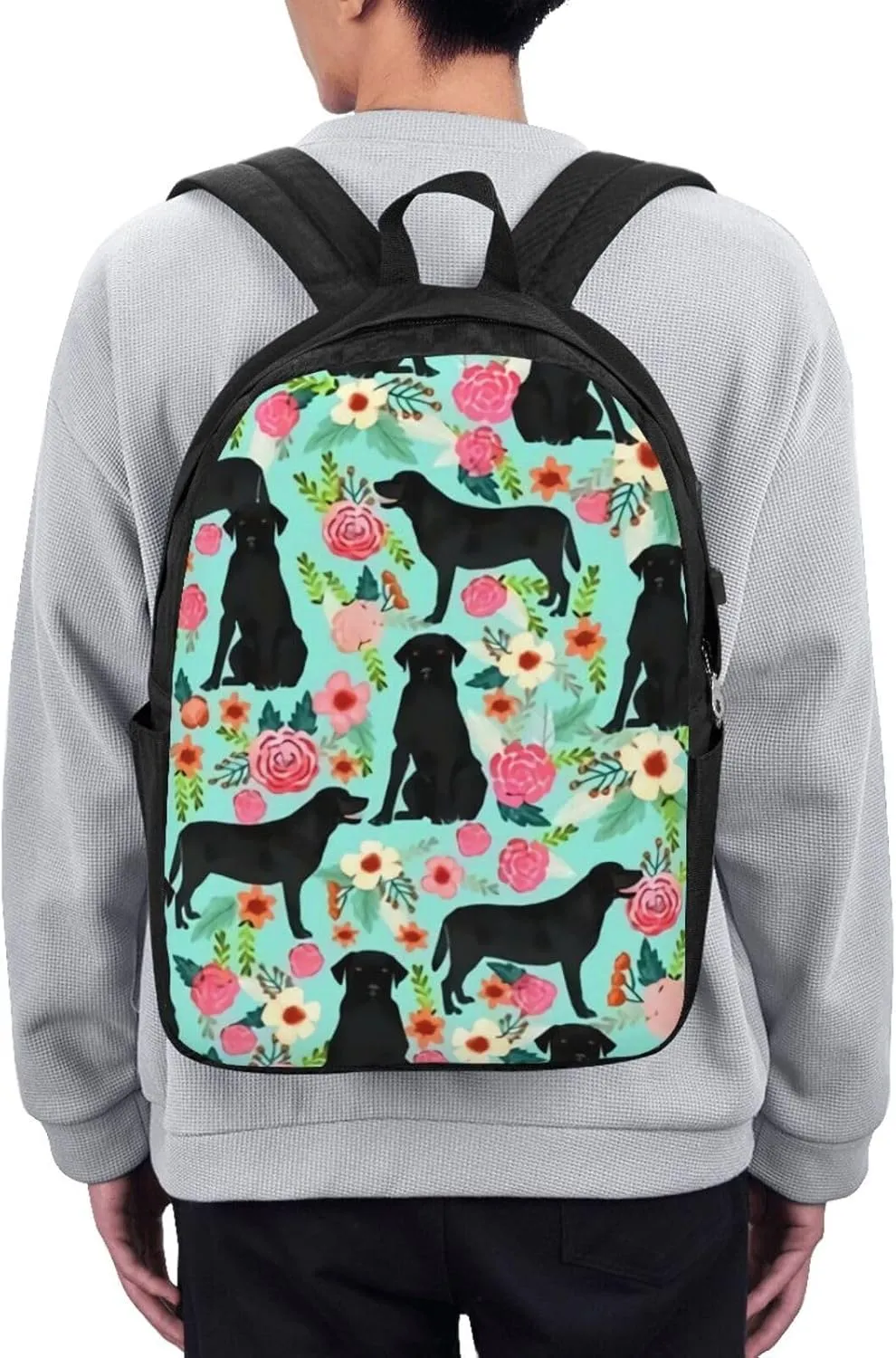 Black Lab Florals Labrador Retriever Floral Backpack, 17 Inch Travel Business Laptop Backpack With USB Port for Women Men