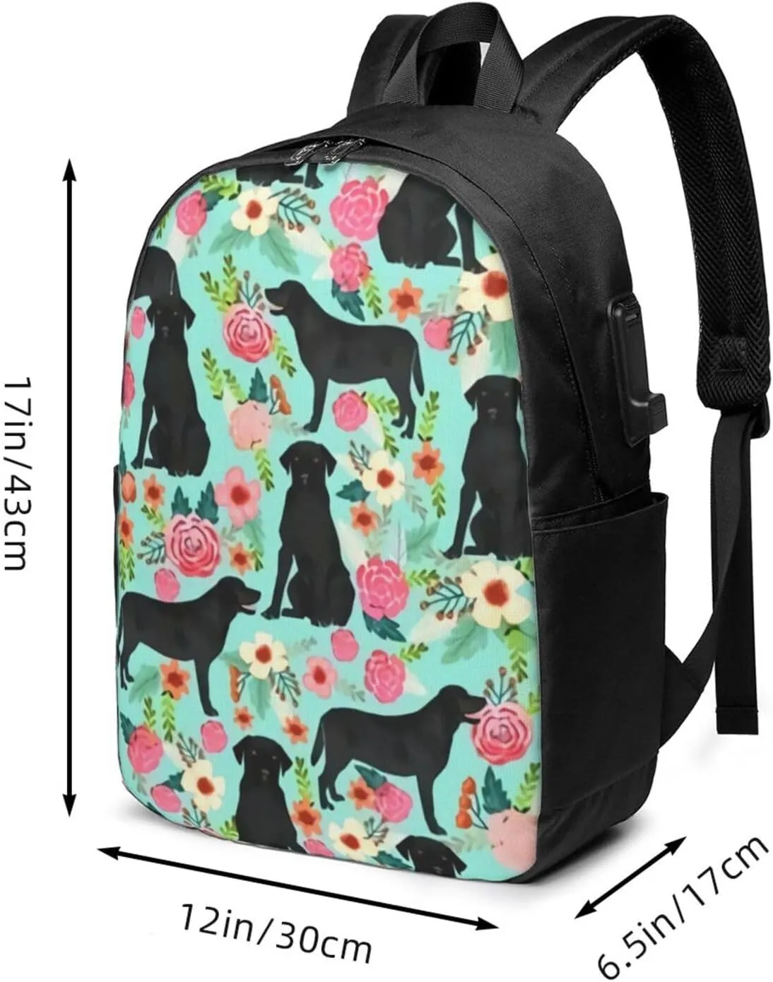 Black Lab Florals Labrador Retriever Floral Backpack, 17 Inch Travel Business Laptop Backpack With USB Port for Women Men