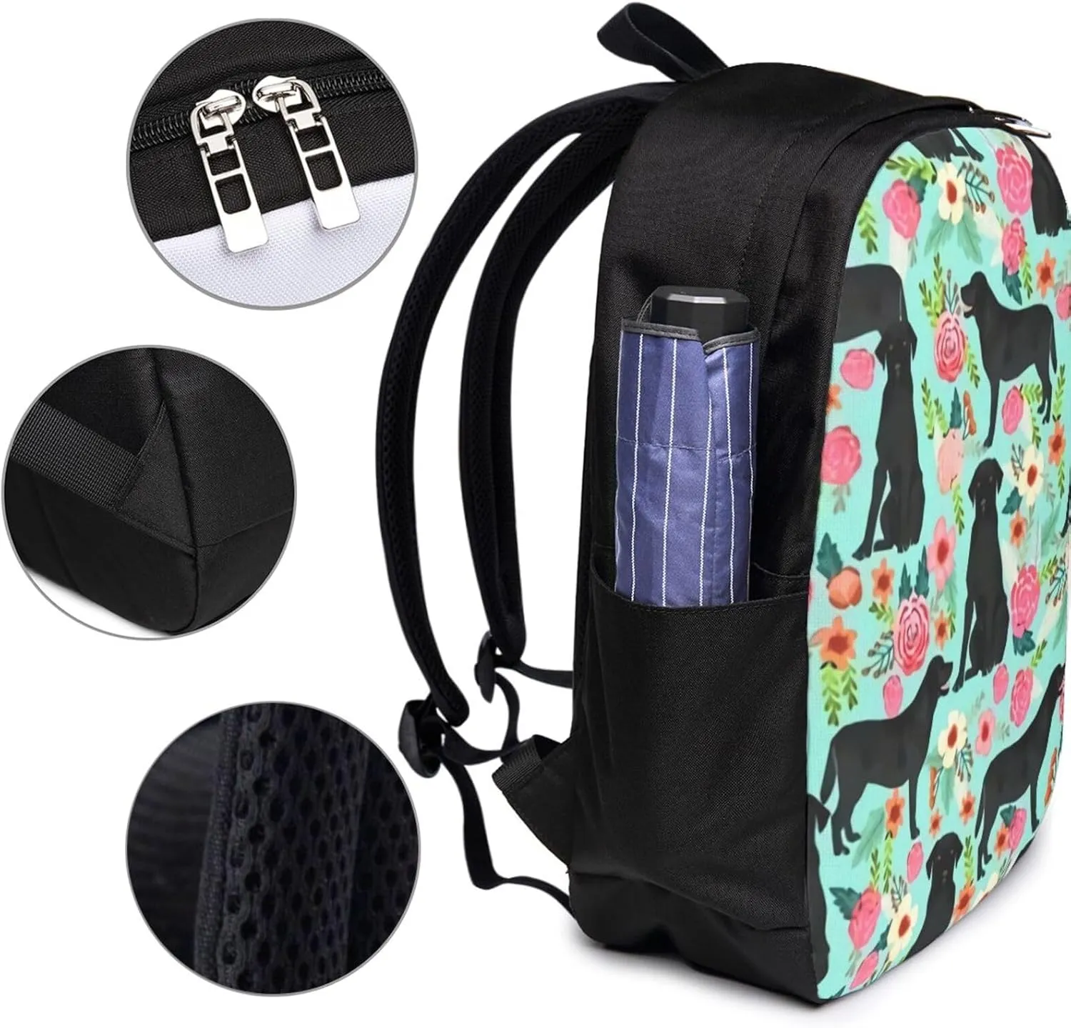 Black Lab Florals Labrador Retriever Floral Backpack, 17 Inch Travel Business Laptop Backpack With USB Port for Women Men