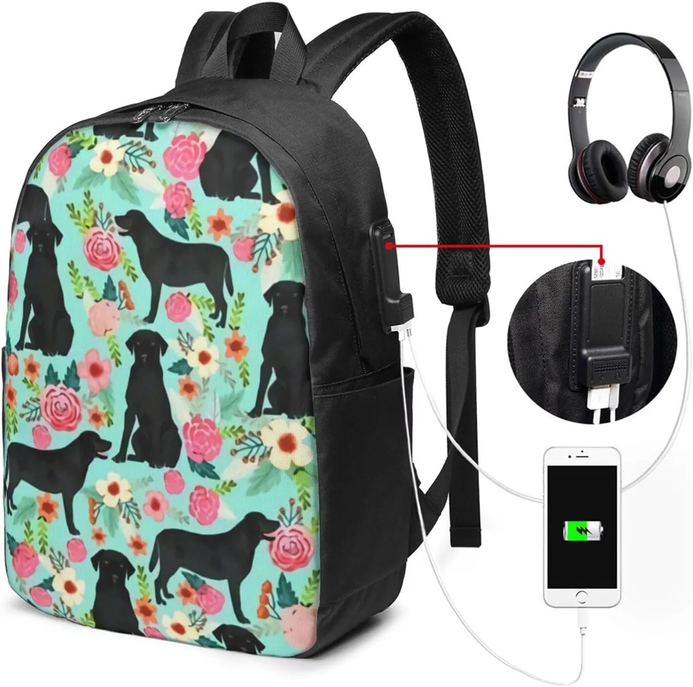 Black Lab Florals Labrador Retriever Floral Backpack, 17 Inch Travel Business Laptop Backpack With USB Port for Women Men