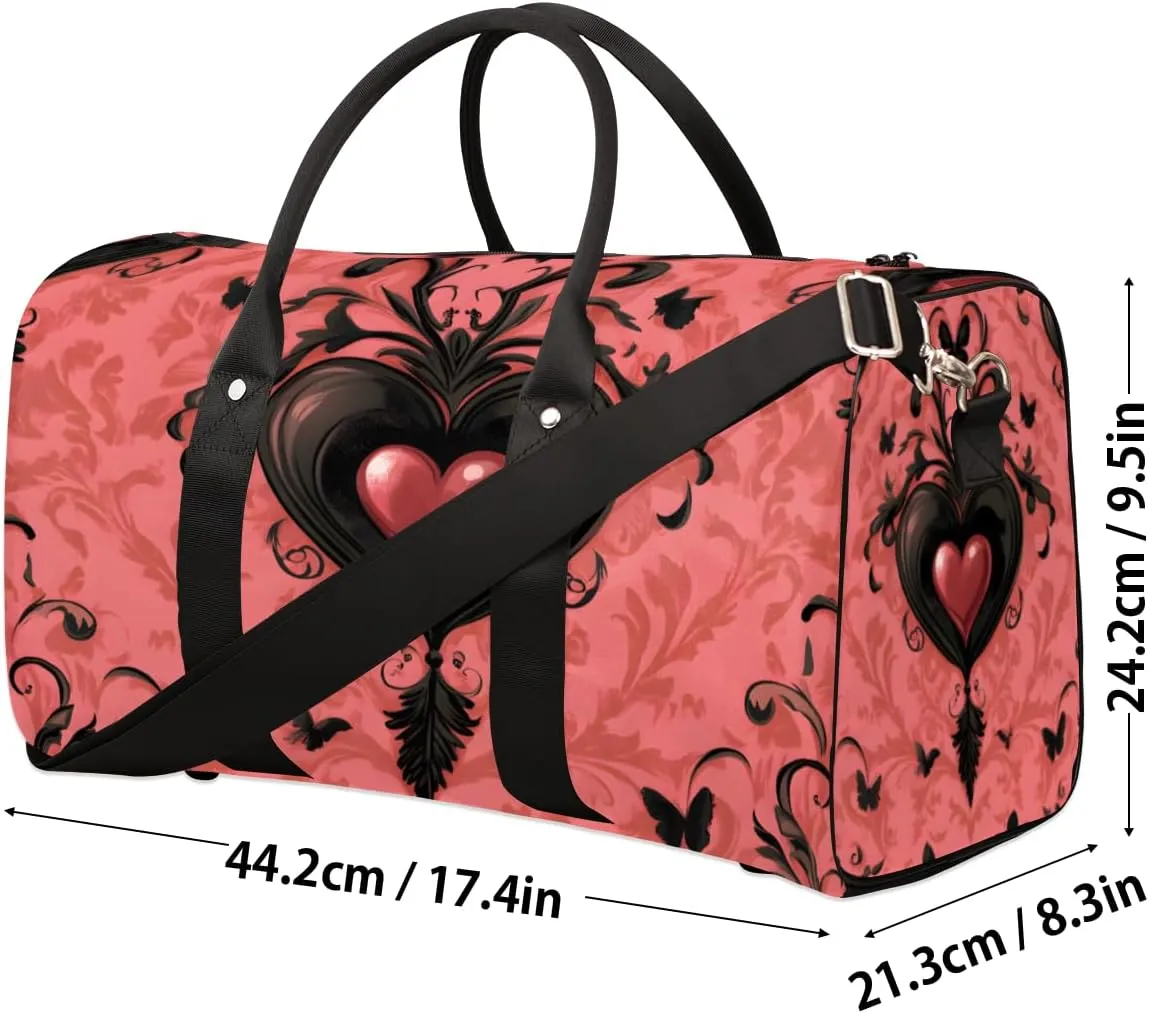Black Pink Heart Travel Duffle Bag for Women Men Gym Duffel Foldable Bag Waterproof Weekender Retro Gothic Duffle Tote
