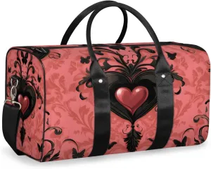 Black Pink Heart Travel Duffle Bag for Women Men Gym Duffel Foldable Bag Waterproof Weekender Retro Gothic Duffle Tote