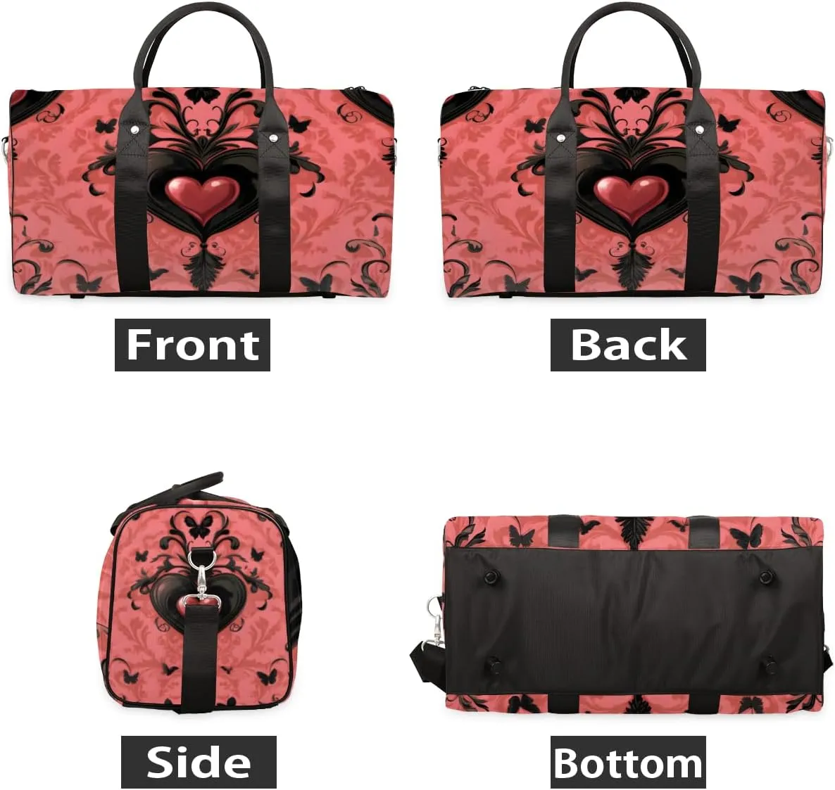 Black Pink Heart Travel Duffle Bag for Women Men Gym Duffel Foldable Bag Waterproof Weekender Retro Gothic Duffle Tote