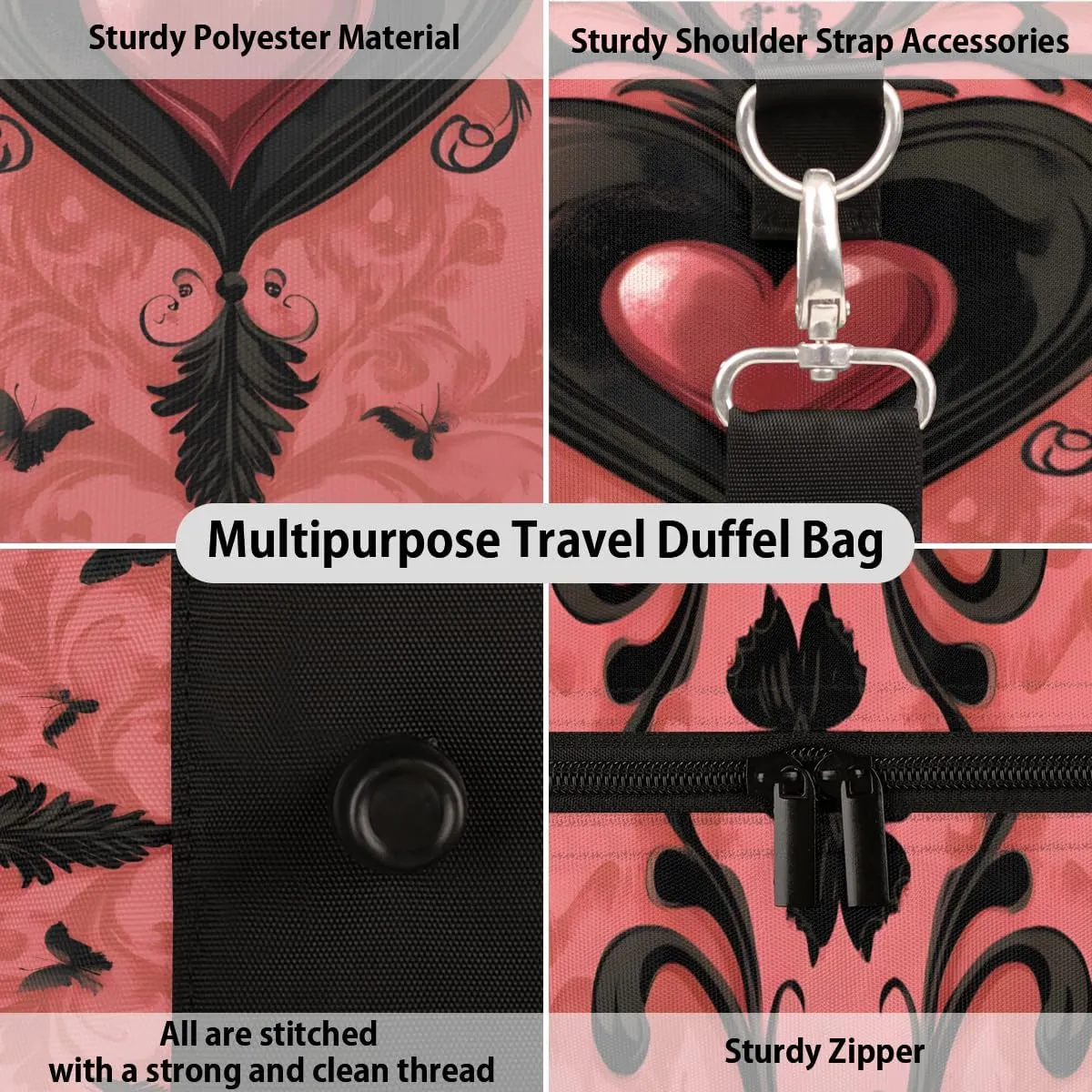 Black Pink Heart Travel Duffle Bag for Women Men Gym Duffel Foldable Bag Waterproof Weekender Retro Gothic Duffle Tote