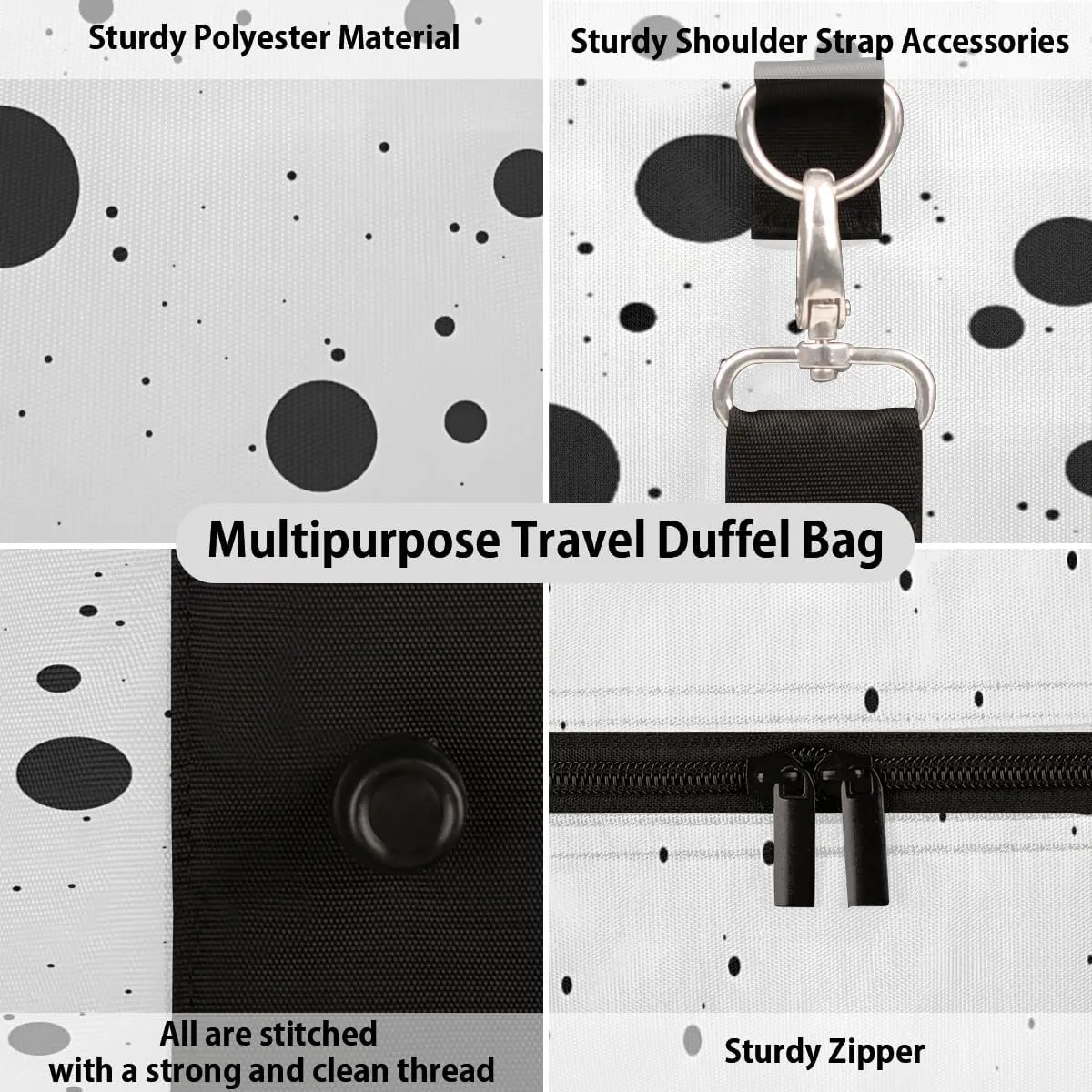 Black Polka Dot Travel Duffle Bag for Women Men Gym Duffel Foldable Bag Waterproof Weekender Vintage Polka Dots Duffle Tote