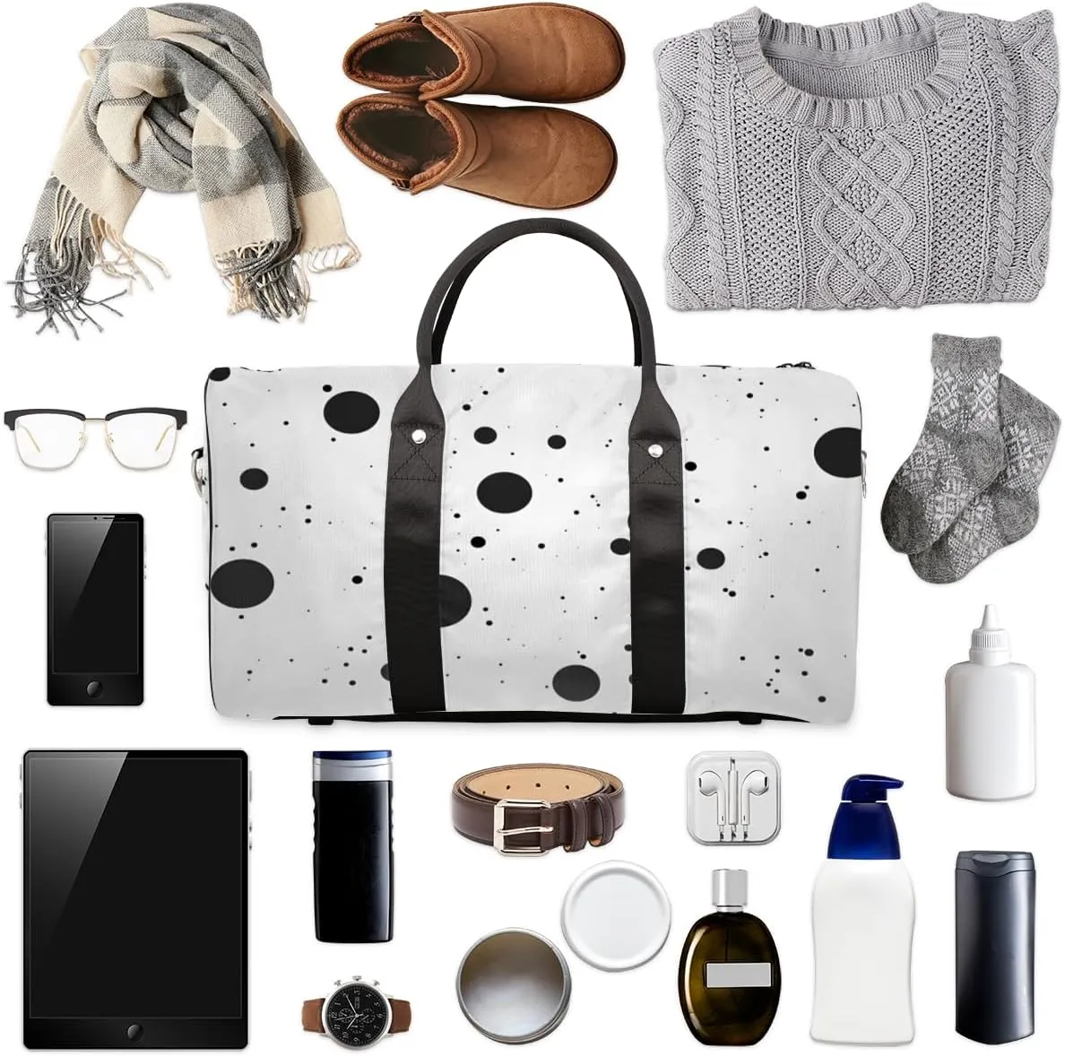 Black Polka Dot Travel Duffle Bag for Women Men Gym Duffel Foldable Bag Waterproof Weekender Vintage Polka Dots Duffle Tote
