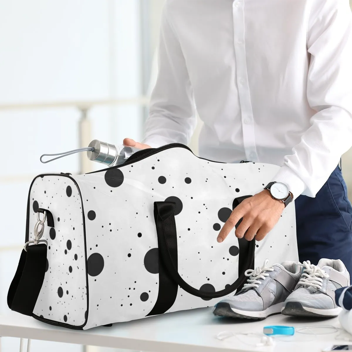 Black Polka Dot Travel Duffle Bag for Women Men Gym Duffel Foldable Bag Waterproof Weekender Vintage Polka Dots Duffle Tote