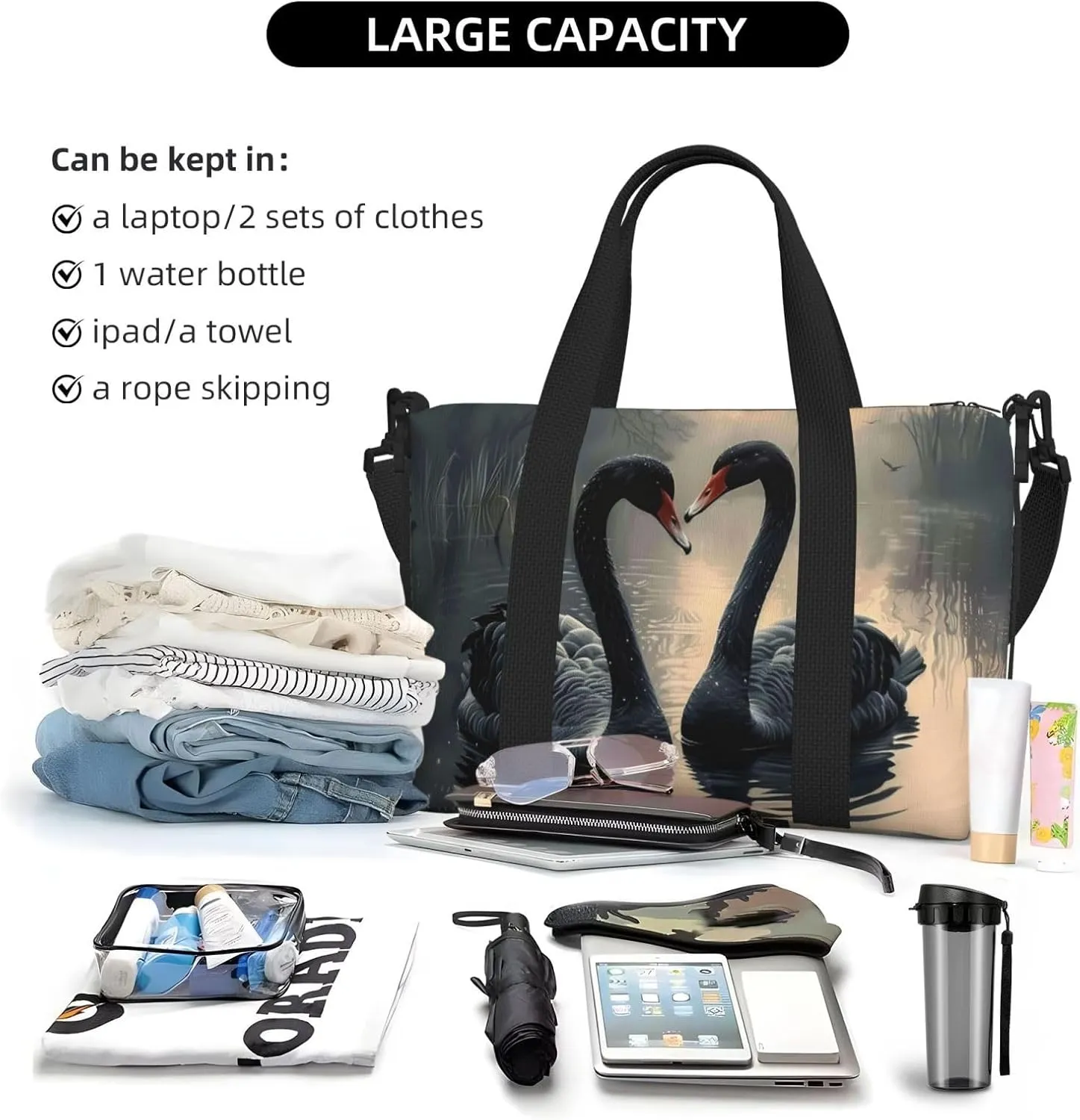 black swans print Travel Duffel Bag, Sports Tote Gym Bag, Swim Pool Bag Large Shoulder Tote Bag for Beach Weekender